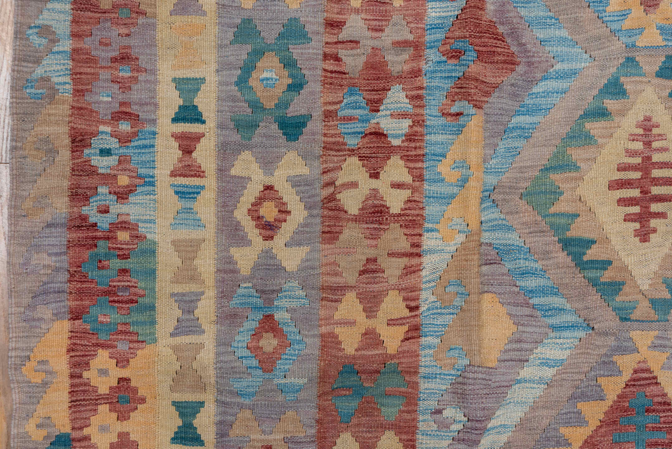 8' x 11' one-of-a-kind handmade vintage Kilim large size rug. Color palette: rose, ivory, dusty blue, terra cotta, taupe