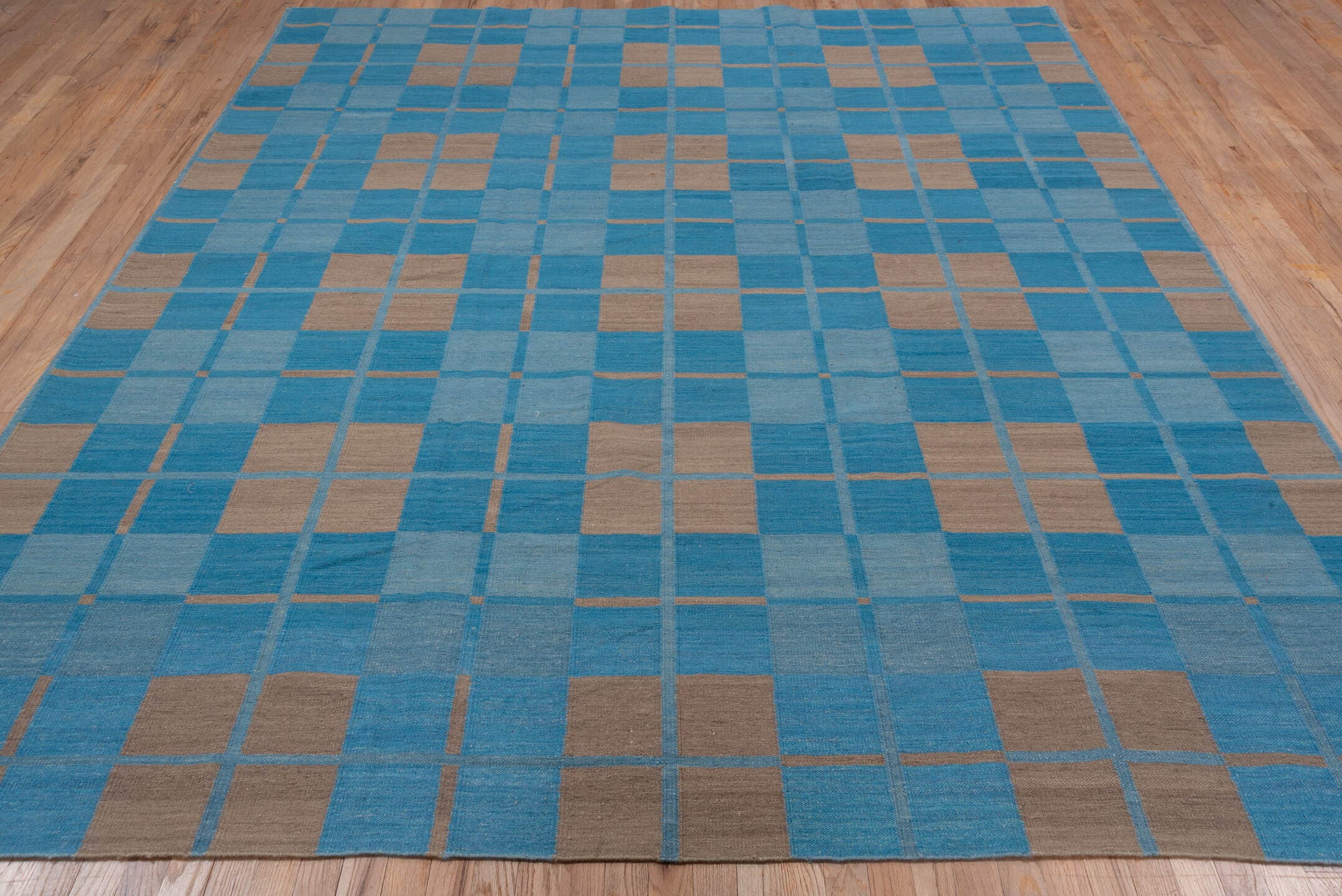 8' x 10' one-of-a-kind handmade vintage Kilim large size rug. Color palette: blue, sky blue, taupe, light blue, beige, gray