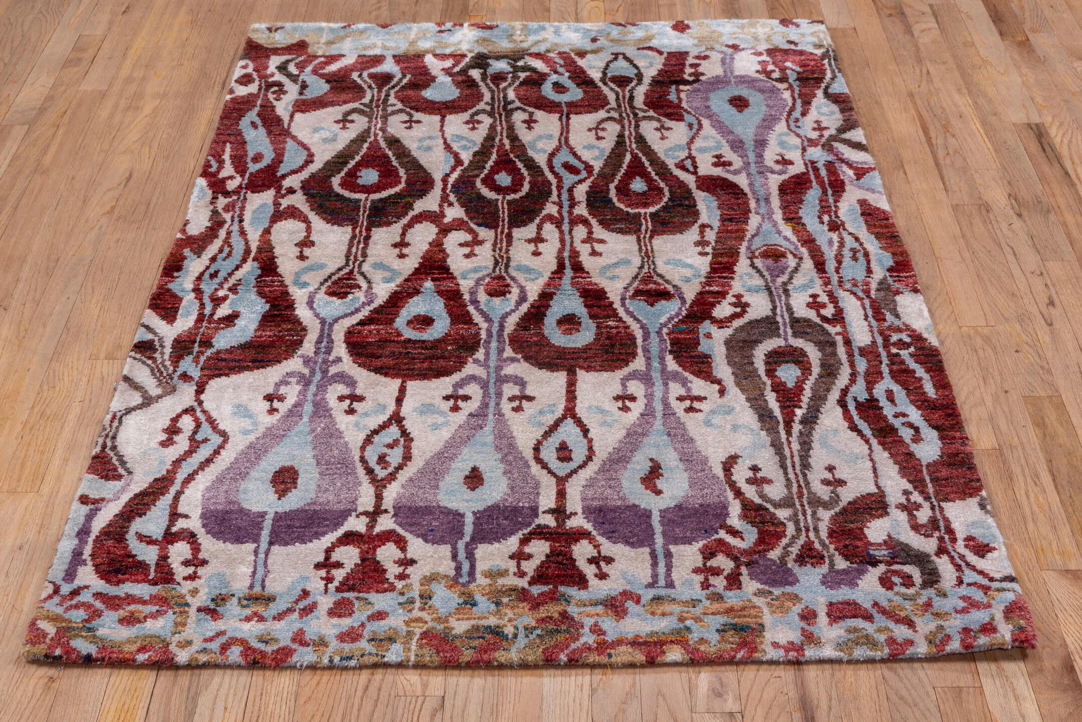 4' x 6' one-of-a-kind handmade vintage Sari Silk small size rug. Color palette: ivory, rust, lavender, pale_blue, taupe