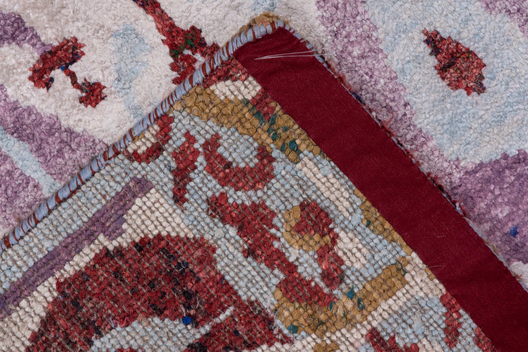 4' x 6' one-of-a-kind handmade vintage Sari Silk small size rug. Color palette: ivory, rust, lavender, pale_blue, taupe