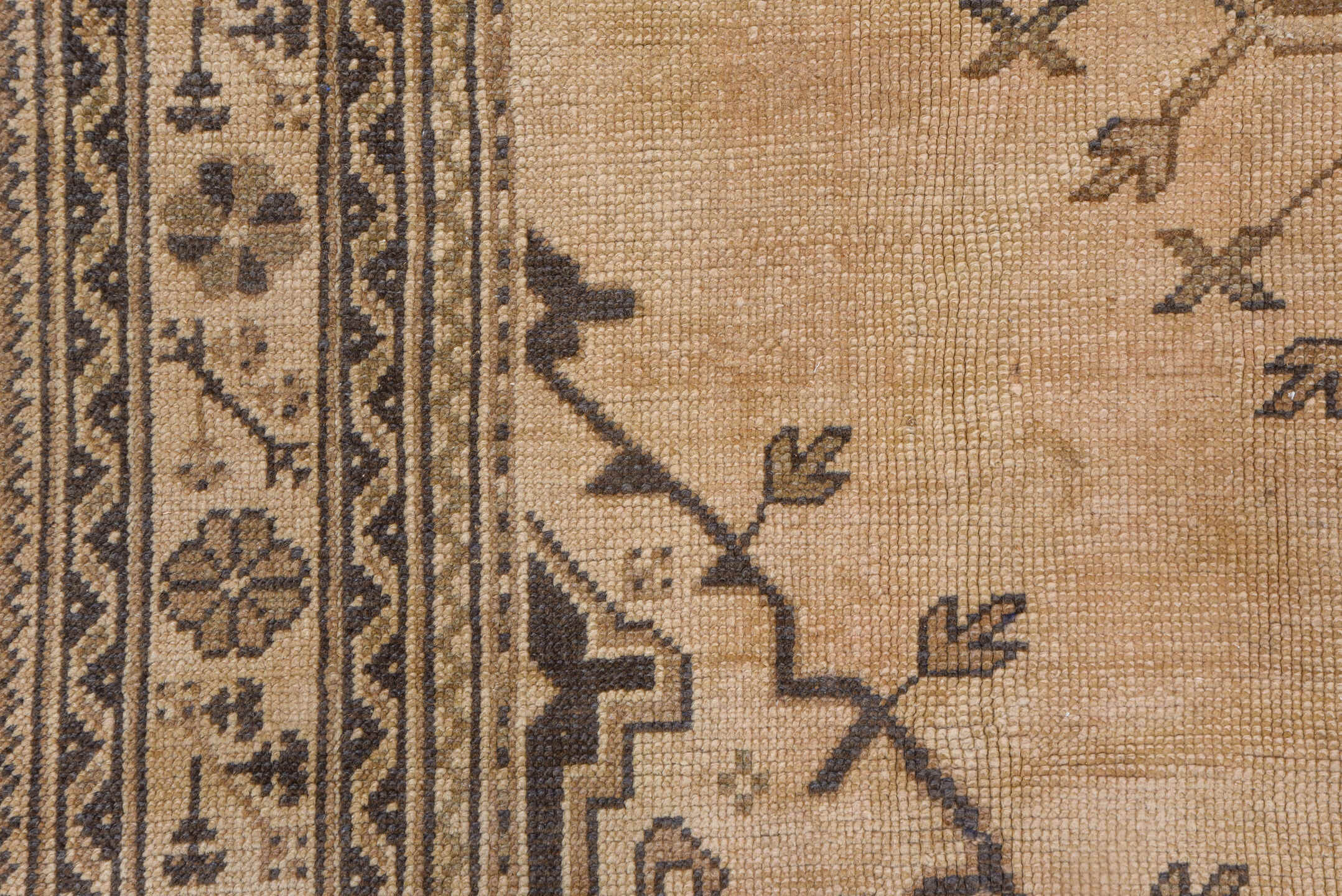 7' x 9' one-of-a-kind handmade vintage Oushak rug. Color palette: beige, taupe, brown, ivory, charcoal, gray, black