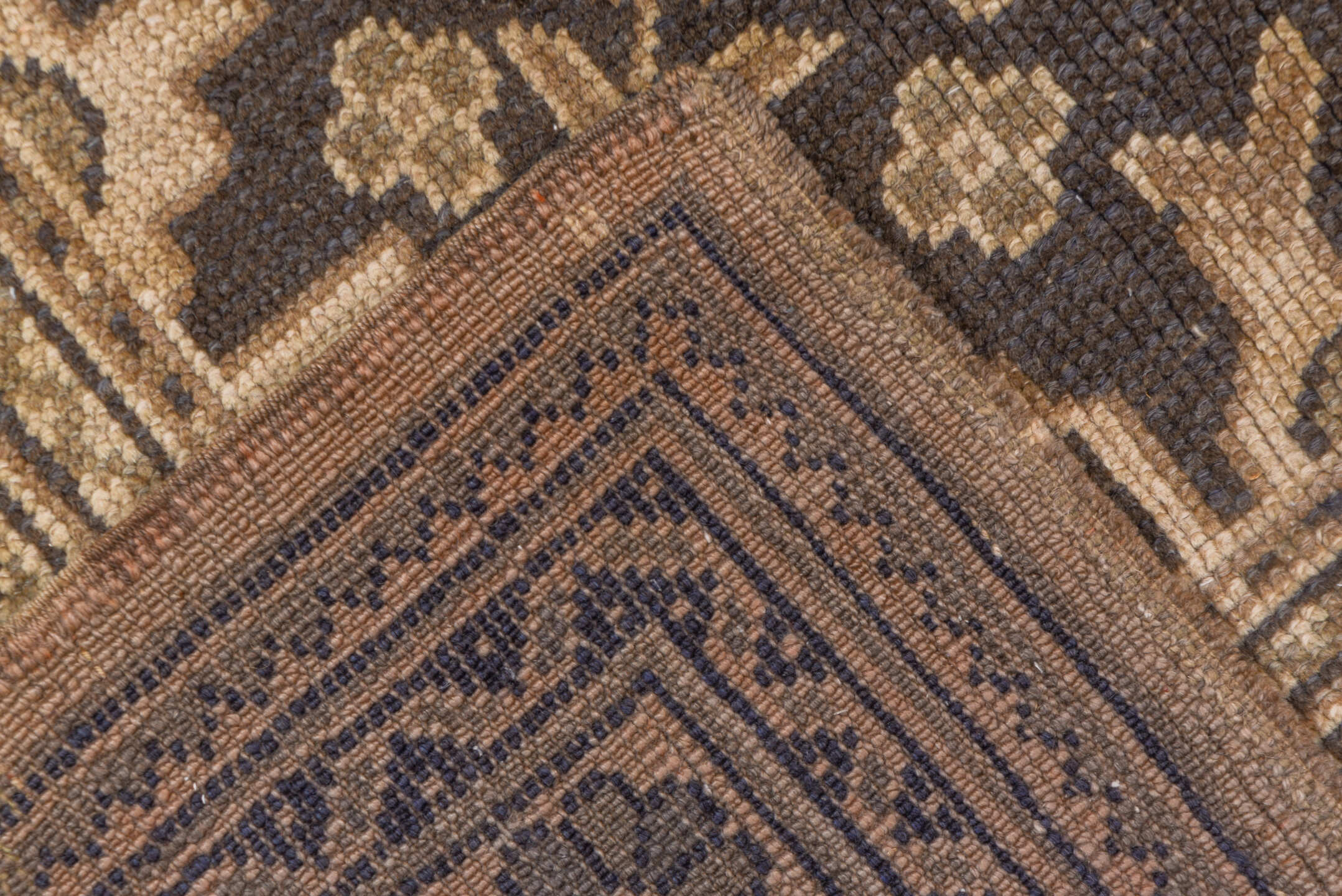 7' x 9' one-of-a-kind handmade vintage Oushak rug. Color palette: black, brown, gray, light gray, off-white, pink, snow, tan