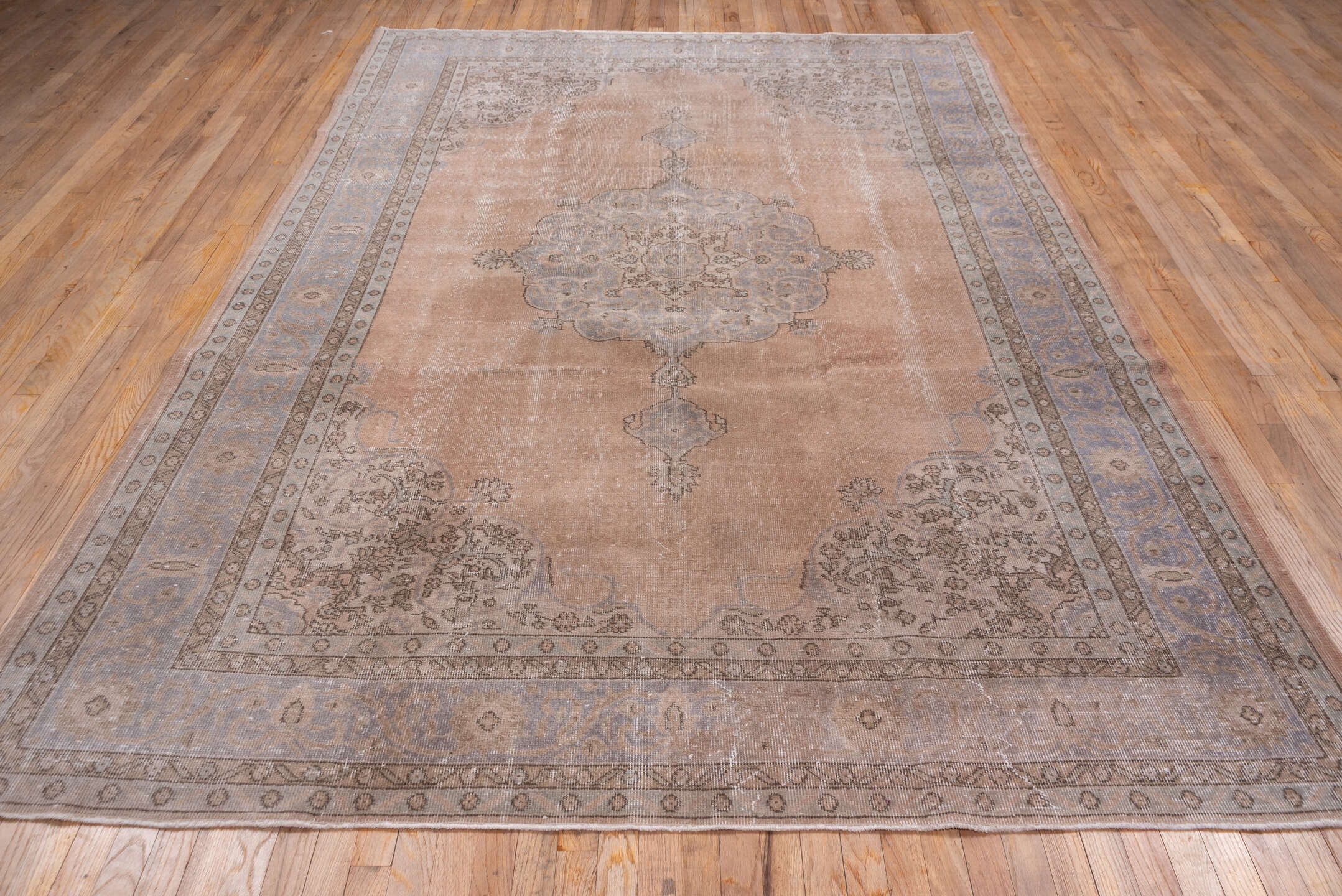 7' x 10' one-of-a-kind handmade vintage Oushak large size rug. Color palette: blush, pale blue, ivory, taupe, beige