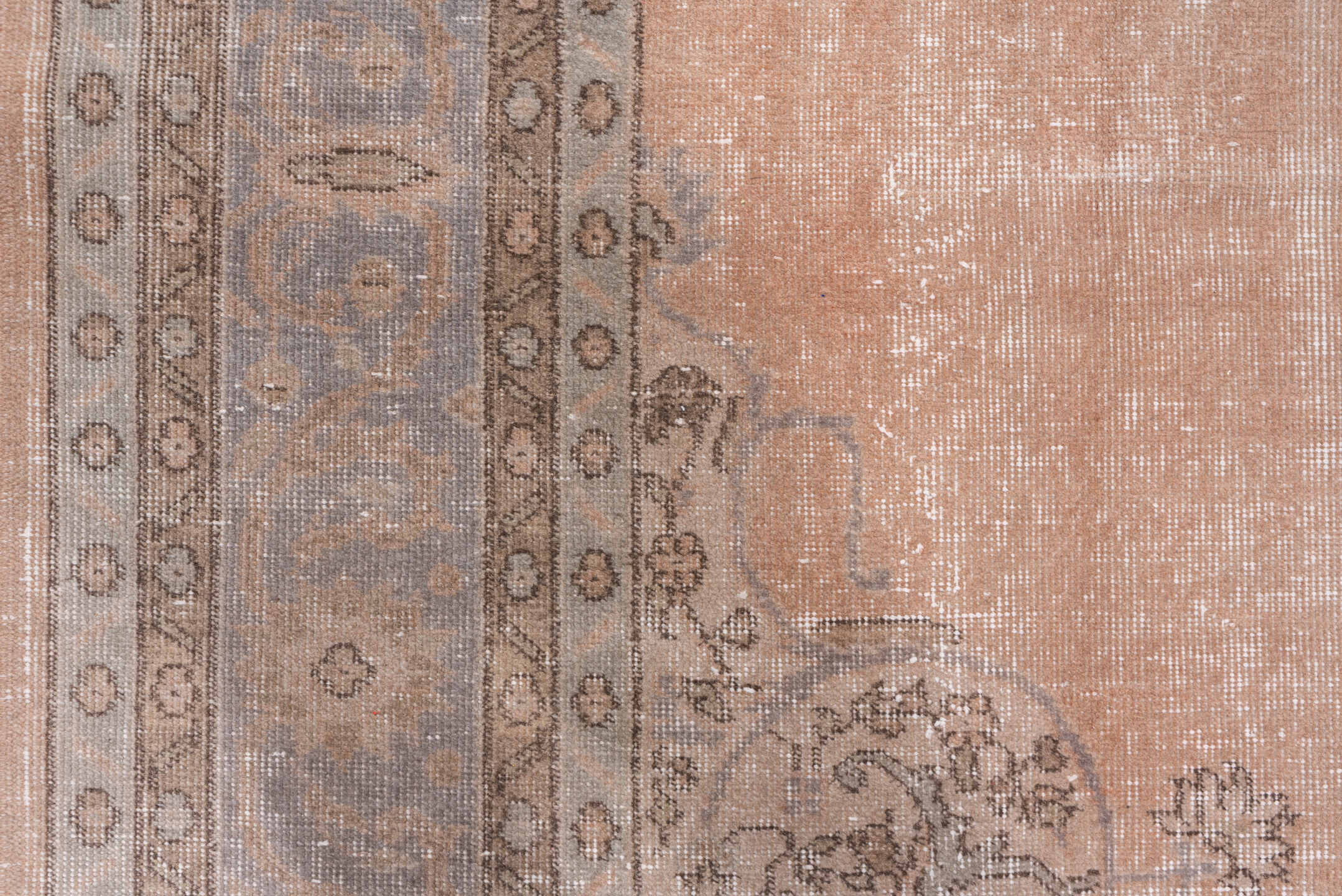 7' x 10' one-of-a-kind handmade vintage Oushak large size rug. Color palette: blush, pale blue, ivory, taupe, beige