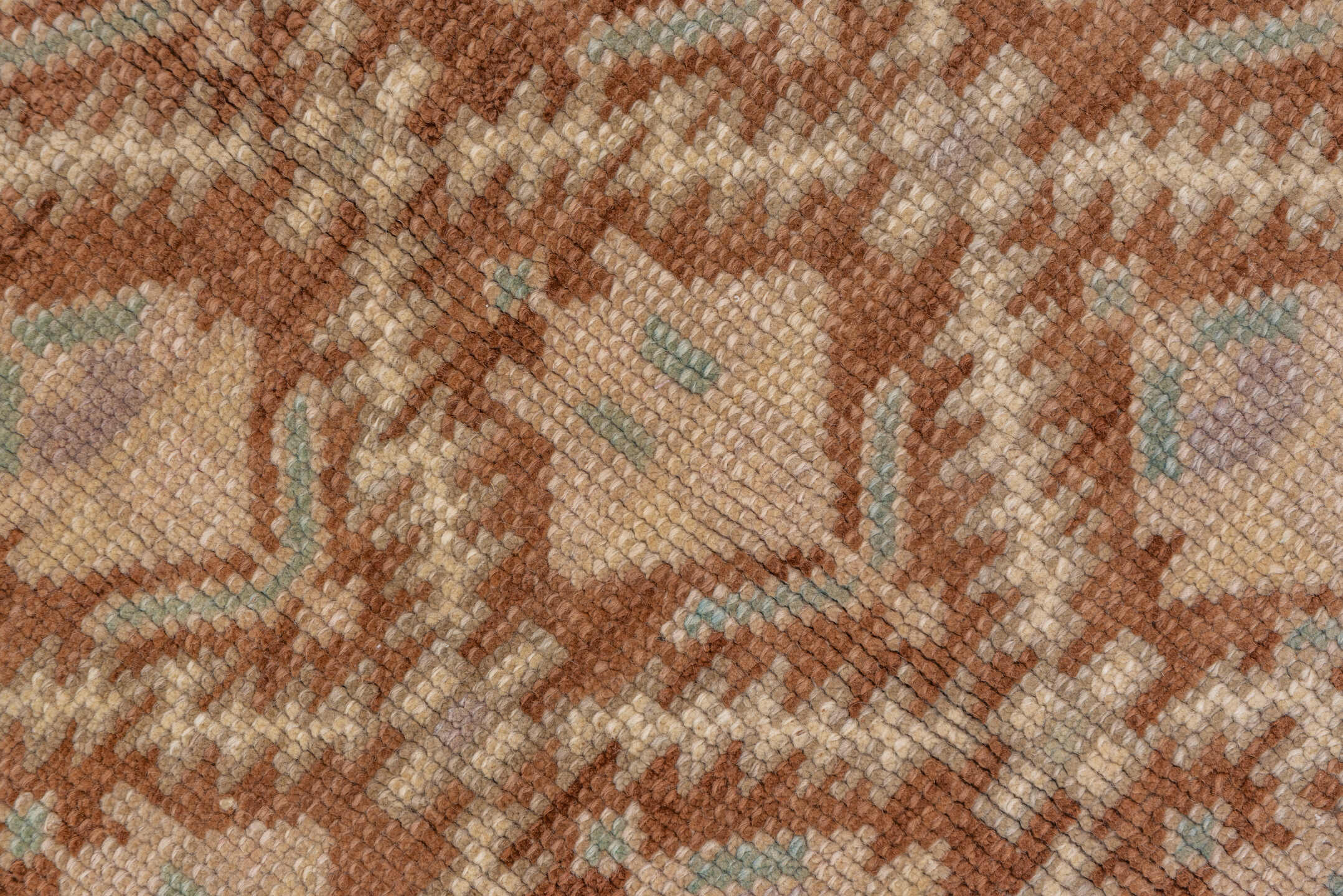 5' x 8' one-of-a-kind handmade vintage Oushak medium size rug. Color palette: brown, ivory, beige, sage, taupe, camel, green