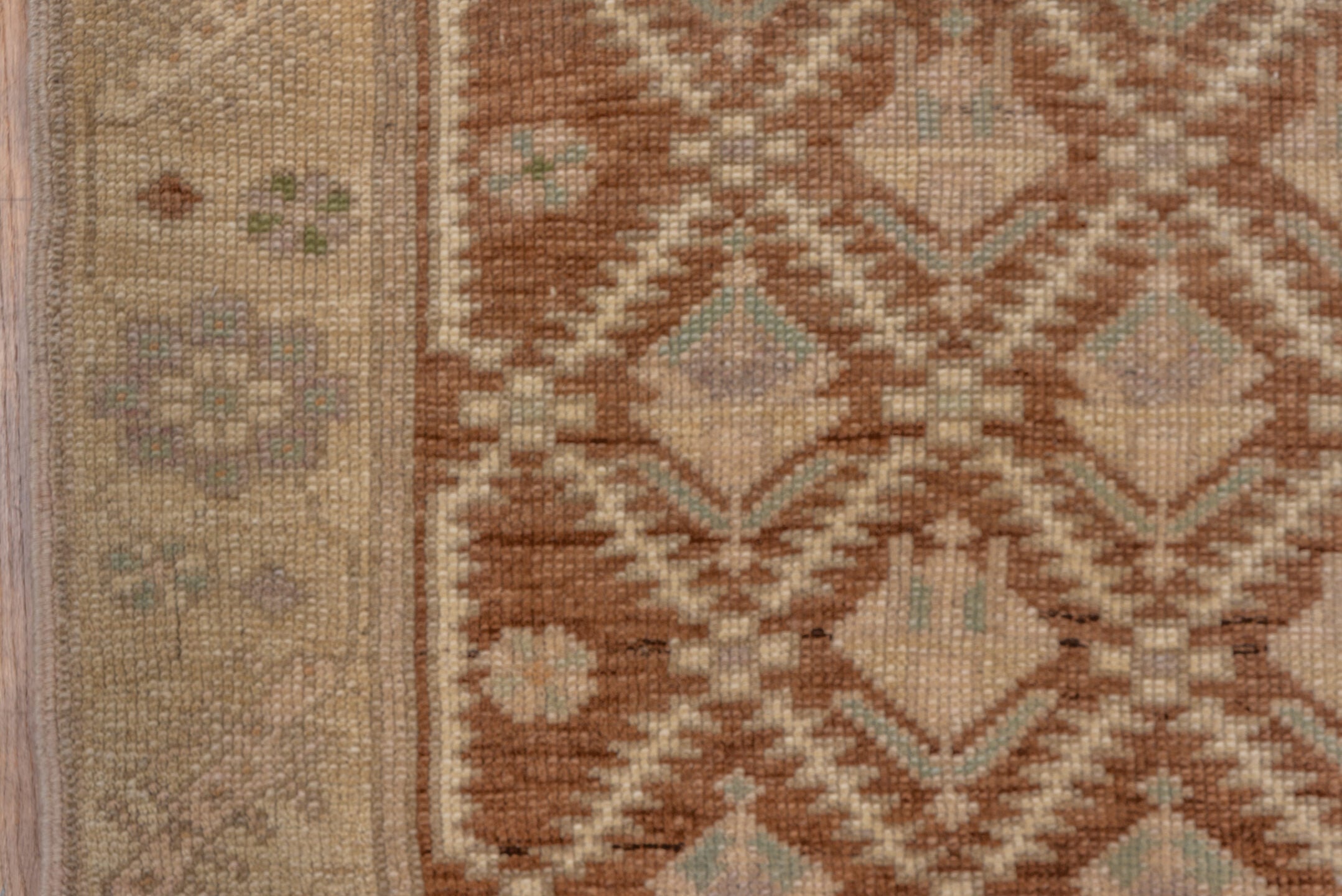 5' x 8' one-of-a-kind handmade vintage Oushak medium size rug. Color palette: brown, off-white, orange, tan