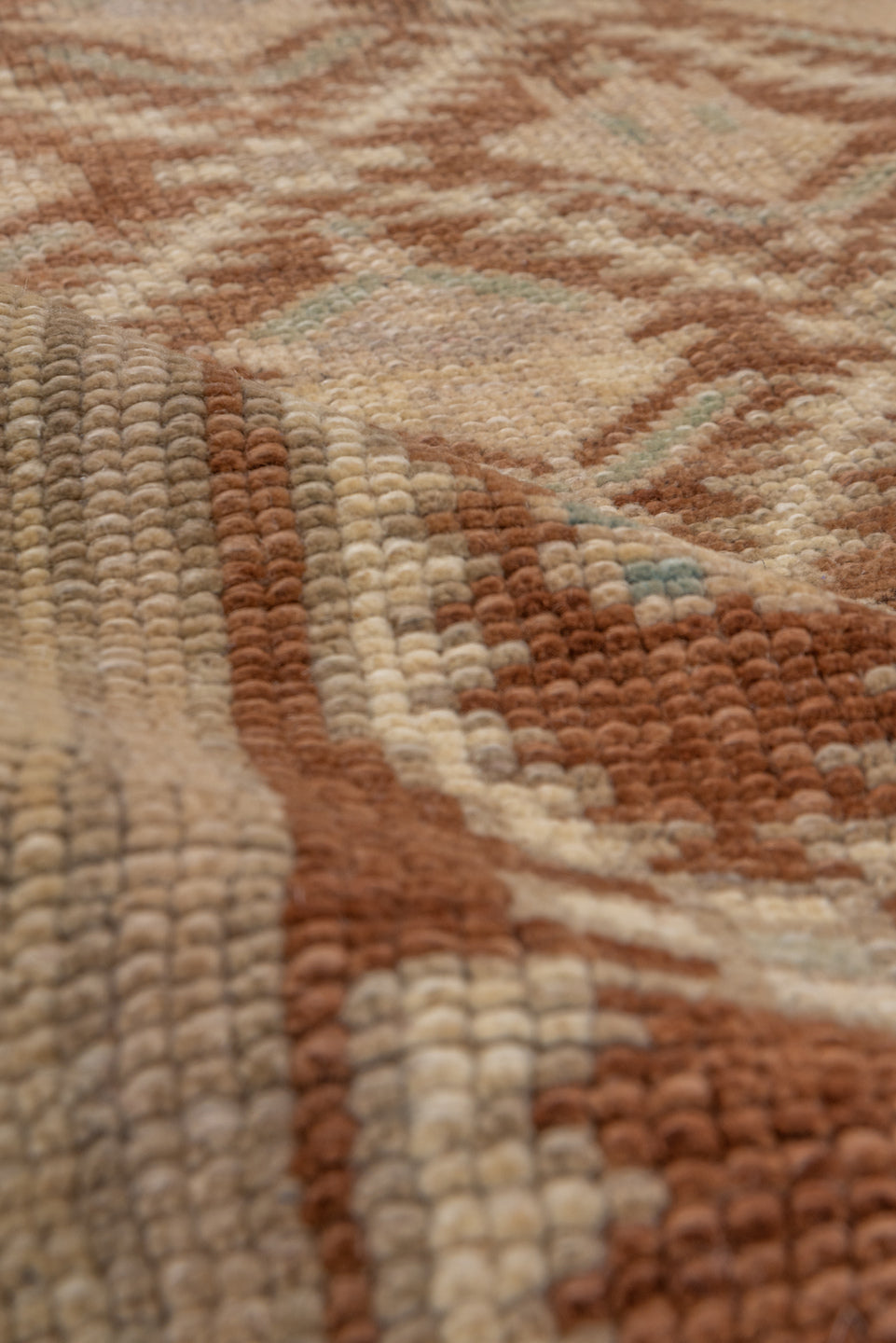 5' x 8' one-of-a-kind handmade vintage Oushak medium size rug. Color palette: brown, off-white, orange, tan