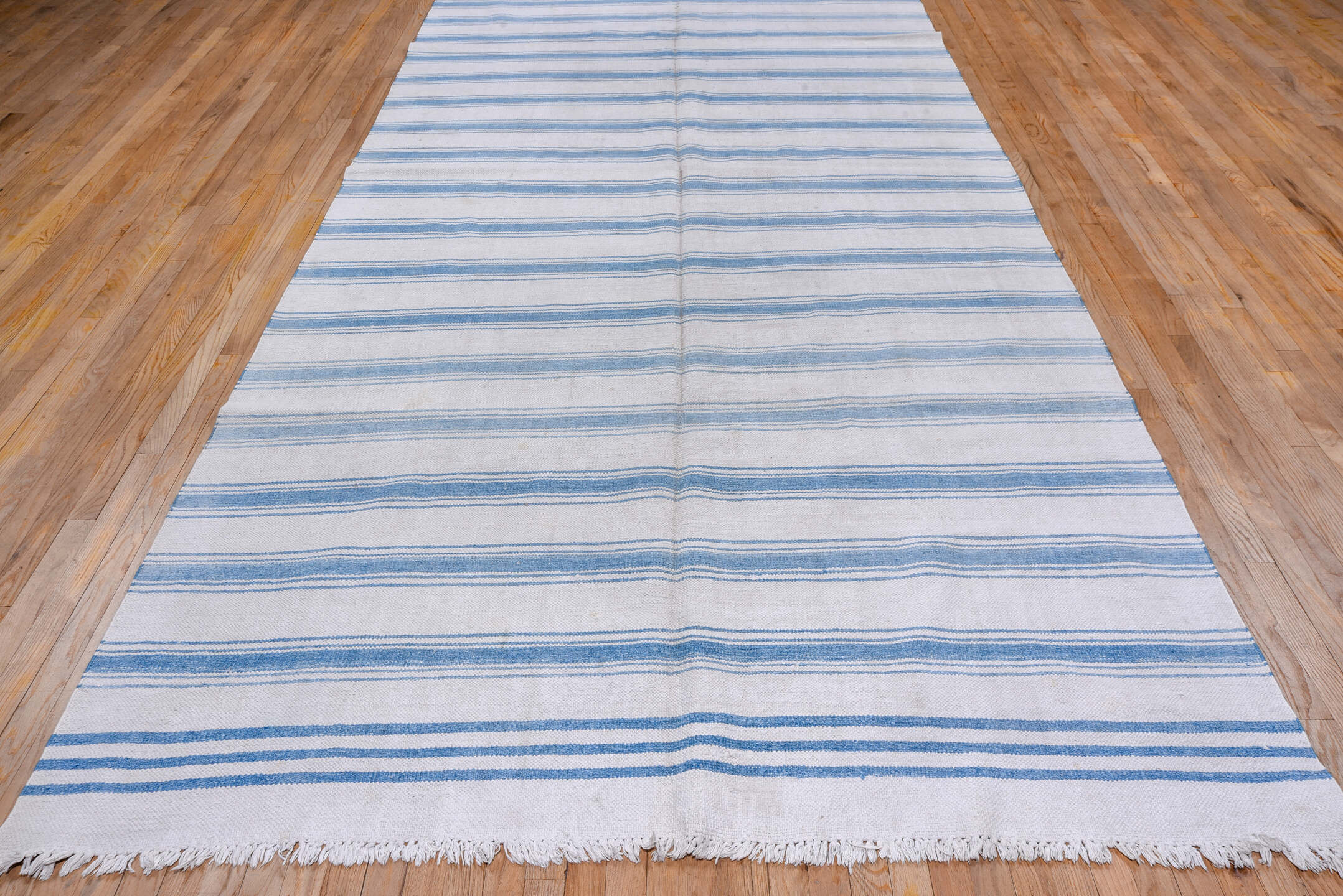 6' x 13' one-of-a-kind handmade vintage Dhurrie large size rug. Color palette: blue, gainsboro, gray, light blue, light gray