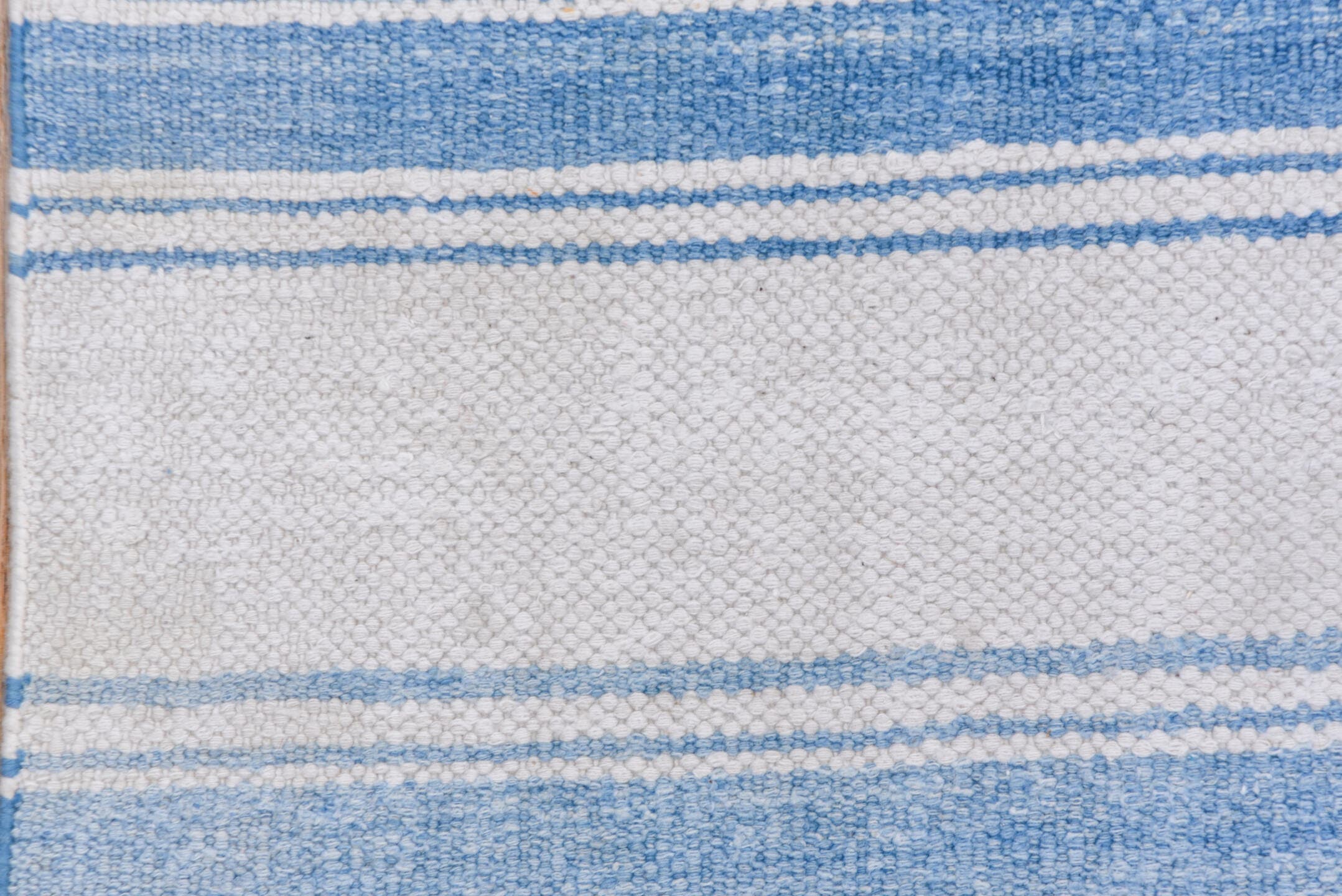 6' x 13' one-of-a-kind handmade vintage Dhurrie large size rug. Color palette: ivory, sky_blue, light blue