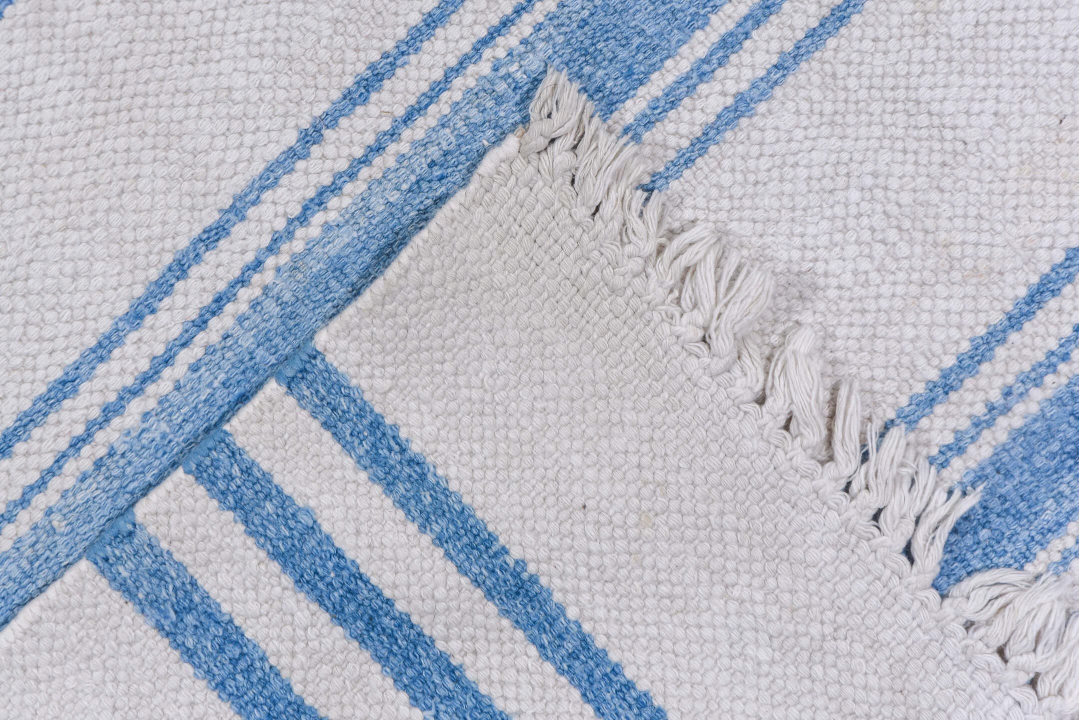 6' x 13' one-of-a-kind handmade vintage Dhurrie large size rug. Color palette: ivory, sky_blue, light blue