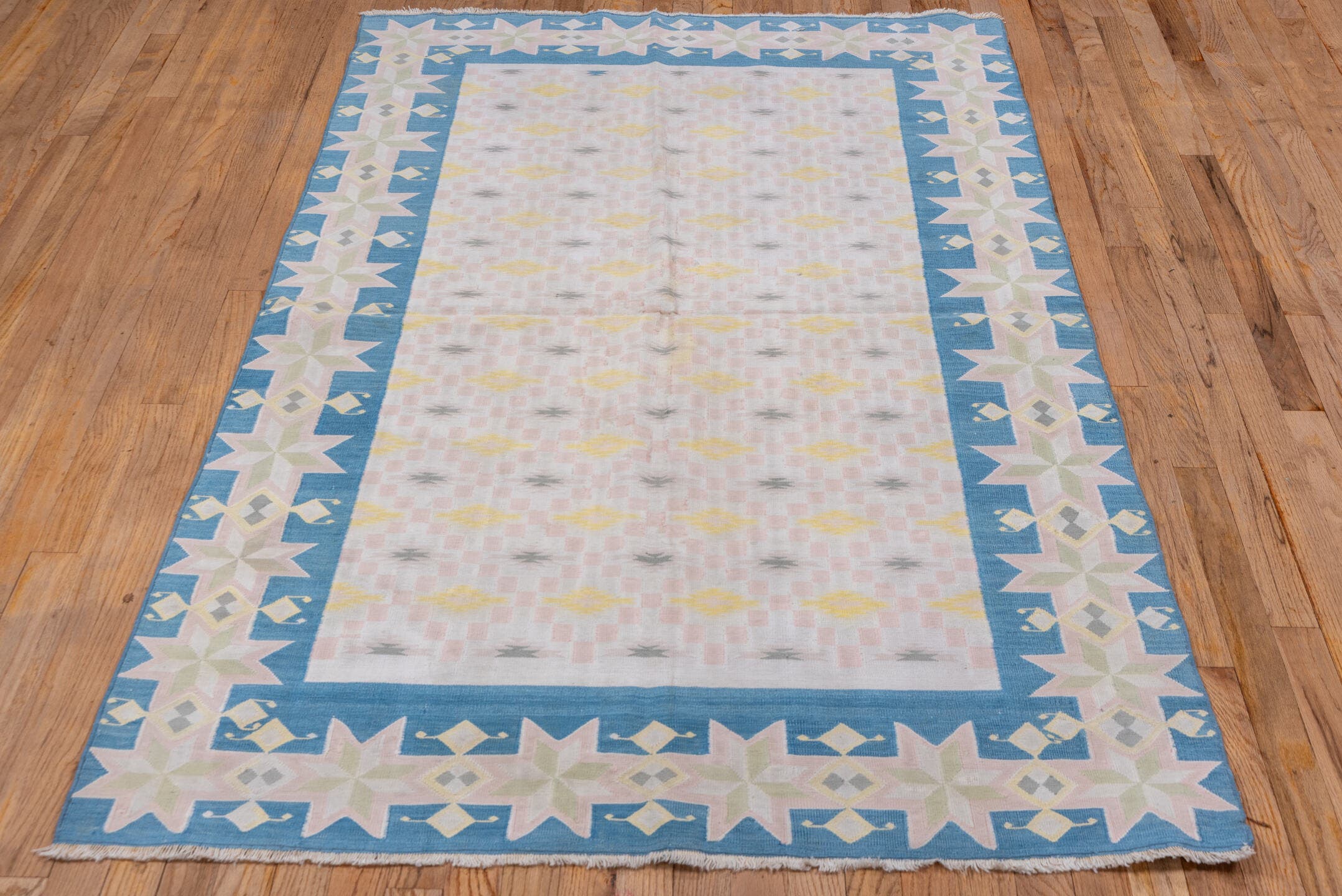 4' x 6' one-of-a-kind handmade vintage Cot Dhurrie small size rug. Color palette: blush, sky blue, ivory, pale yellow, gray