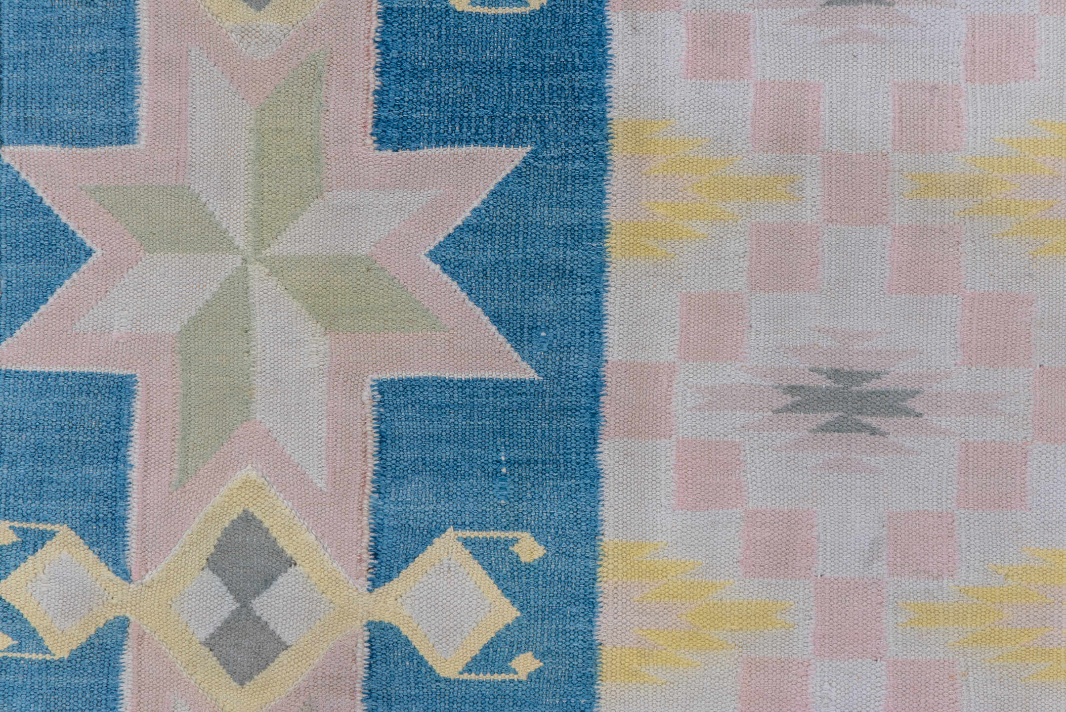 4' x 6' one-of-a-kind handmade vintage Cot Dhurrie small size rug. Color palette: blush, sky blue, ivory, pale yellow, gray