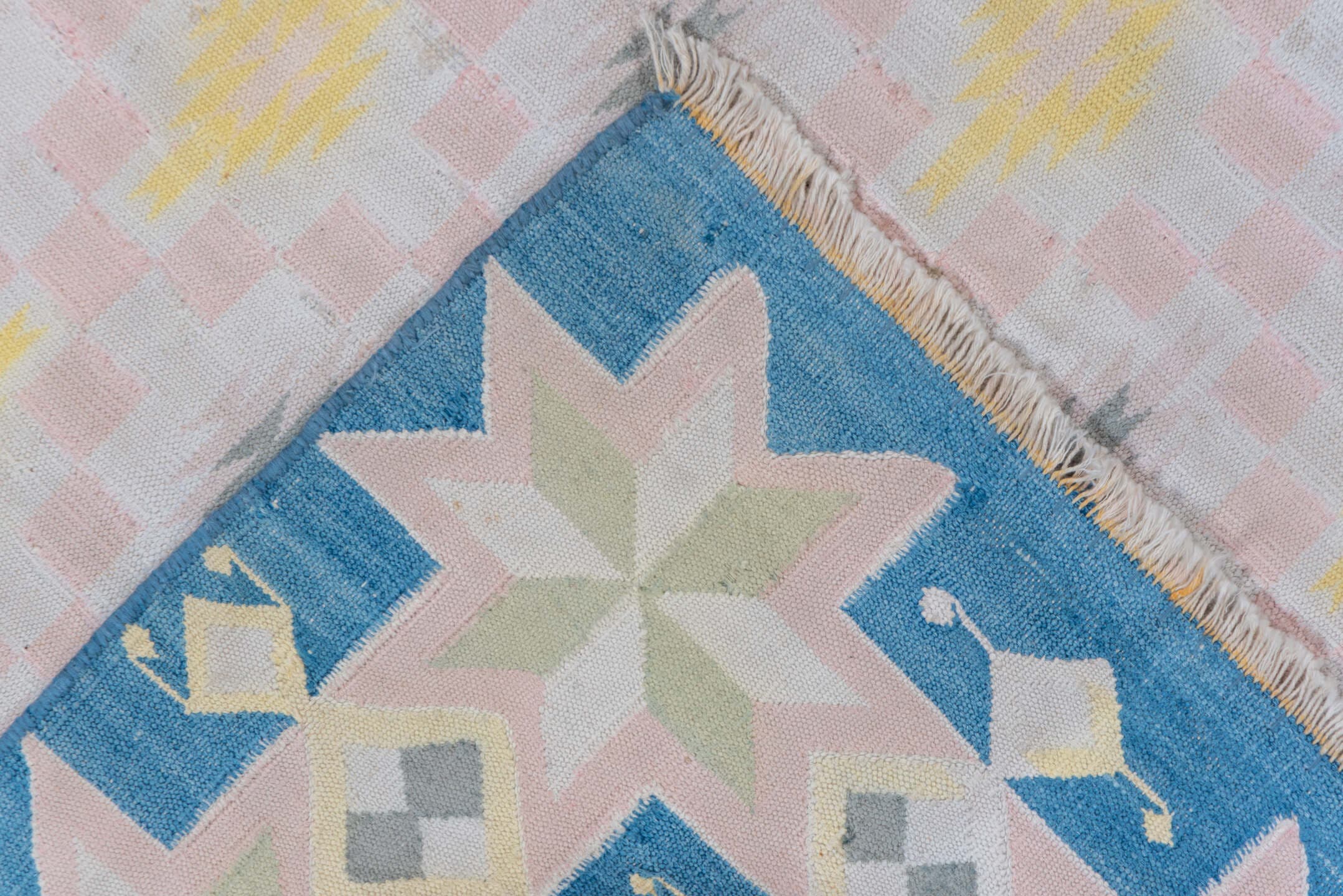 4' x 6' one-of-a-kind handmade vintage Cot Dhurrie small size rug. Color palette: blush, sky blue, ivory, pale yellow, gray