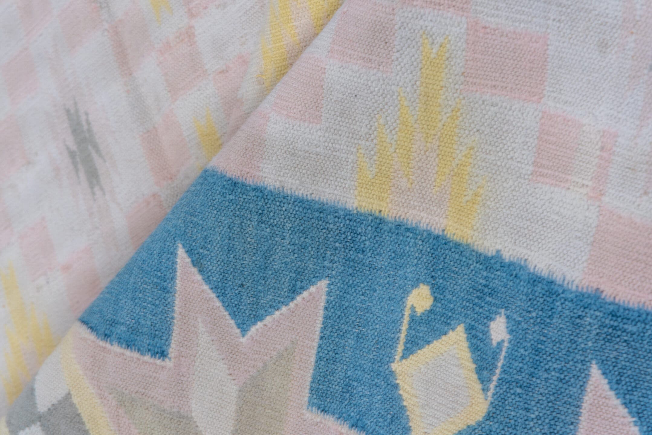 4' x 6' one-of-a-kind handmade vintage Cot Dhurrie small size rug. Color palette: blush, sky blue, ivory, pale yellow, gray