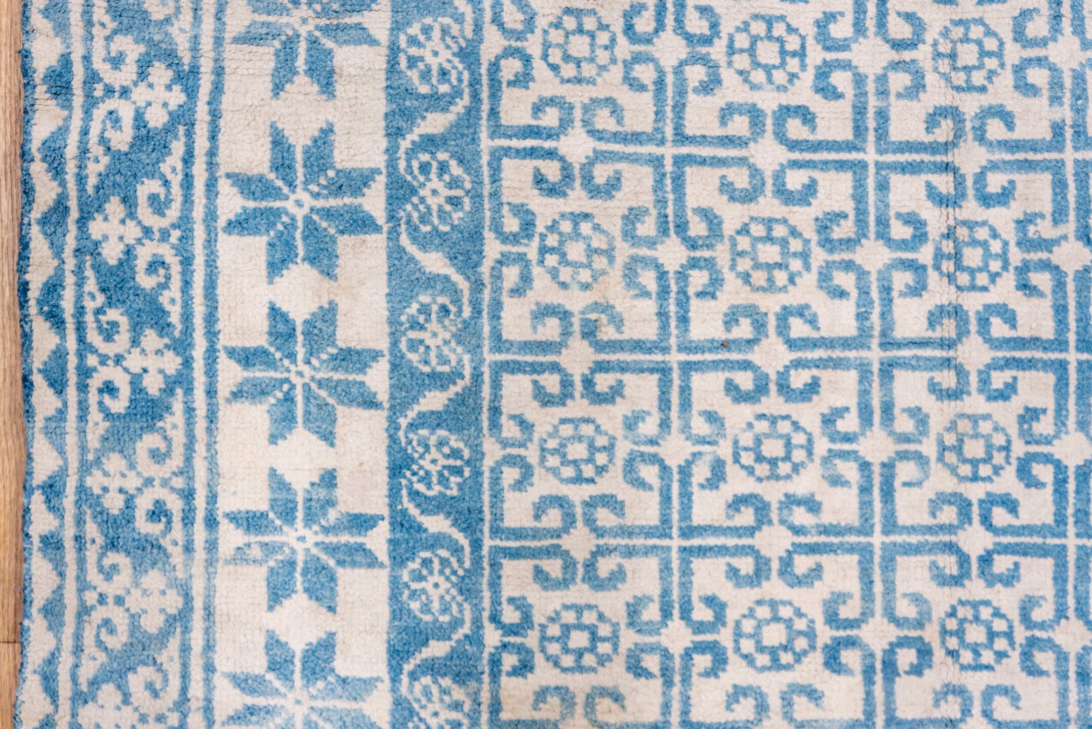 4' x 7' one-of-a-kind handmade vintage Cotton Agra rug. Color palette: ivory, sky blue, azure, slate blue, light blue