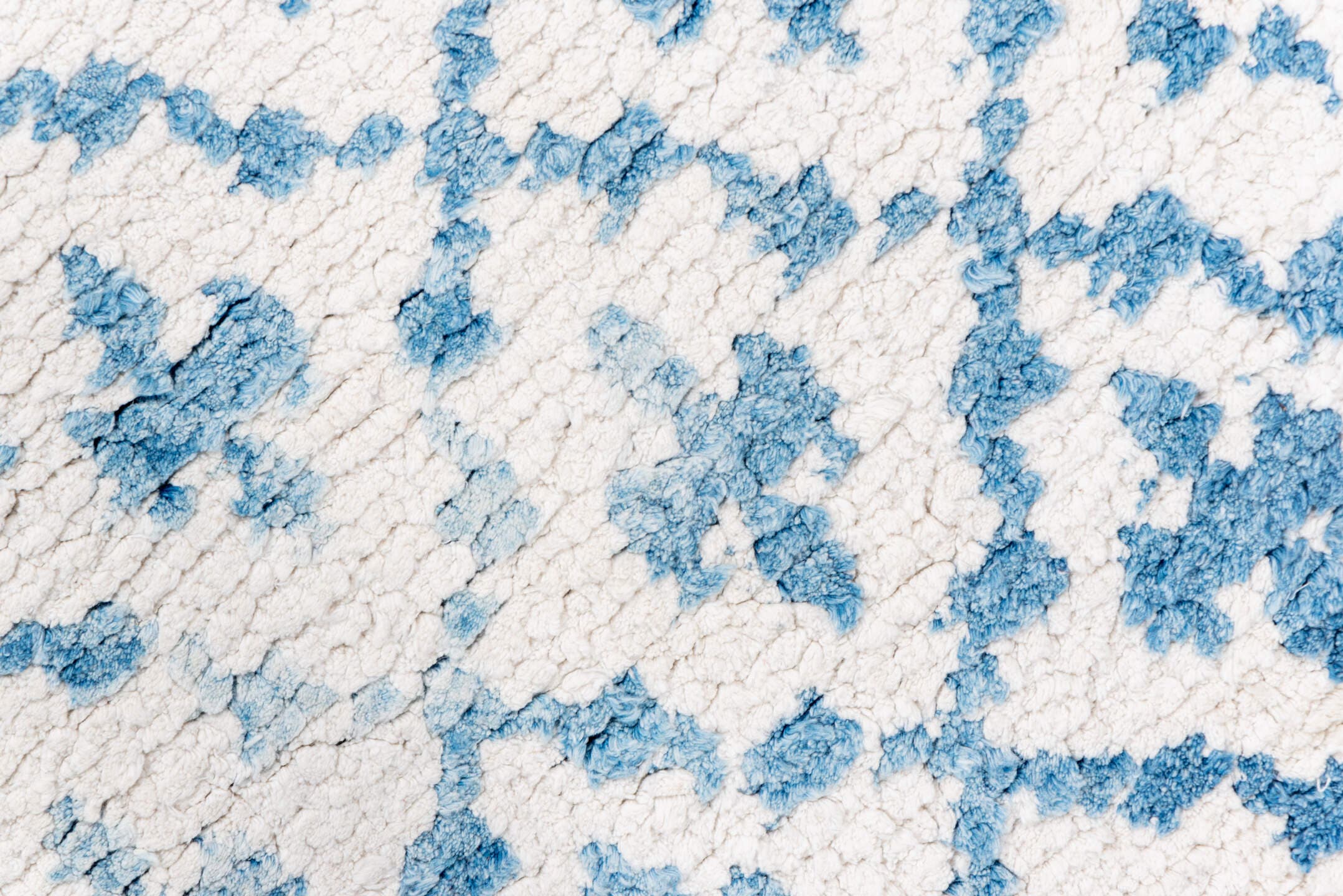5' x 9' one-of-a-kind handmade vintage Cotton Agra medium size rug. Color palette: ivory, sky blue, powder blue, light blue