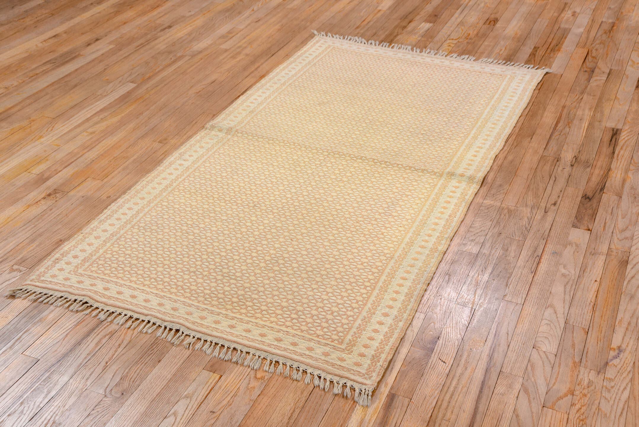 3' x 6' one-of-a-kind handmade vintage Dhurrie small size rug. Color palette: ivory, peach, cream, blush, sand, terracotta