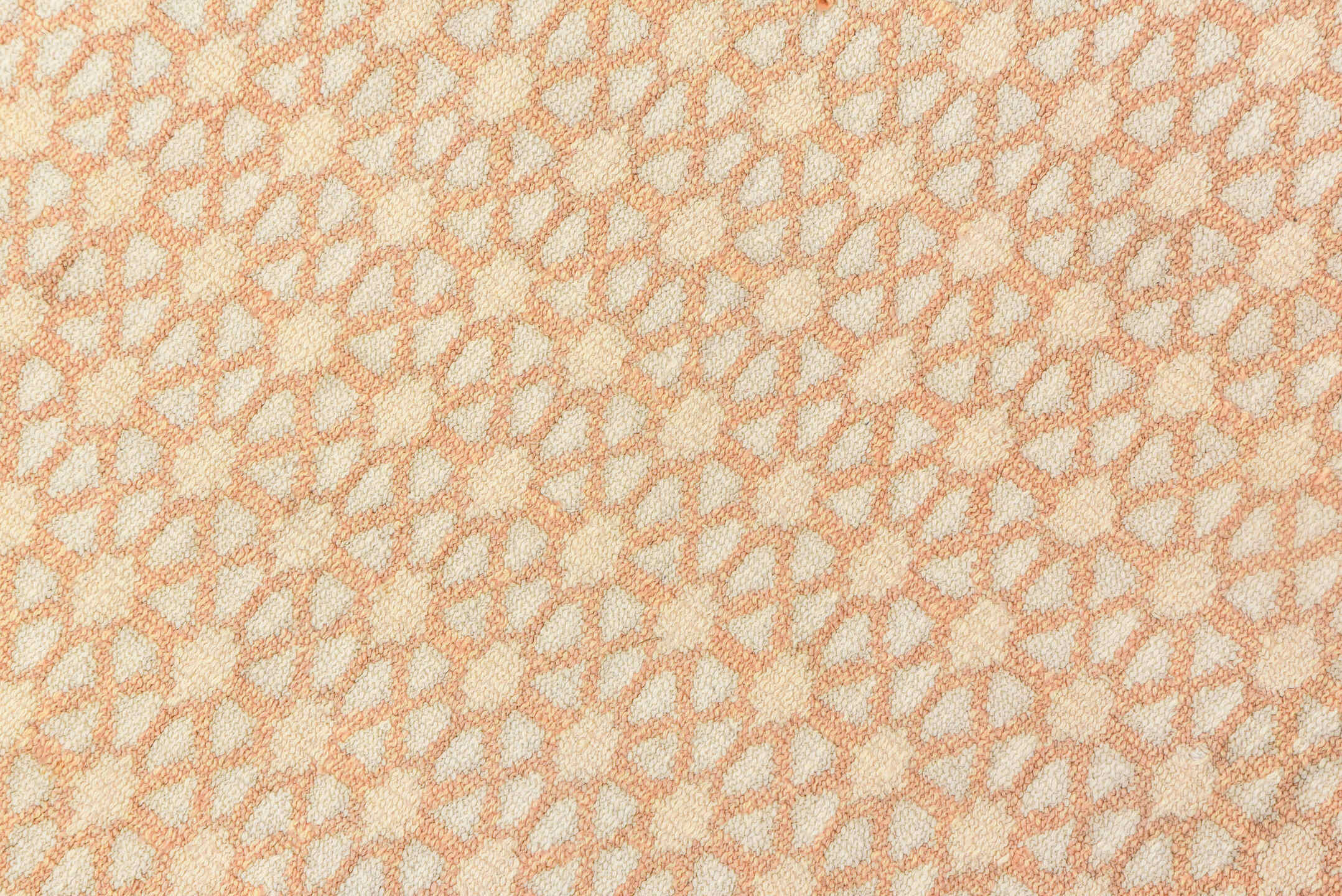 3' x 6' one-of-a-kind handmade vintage Dhurrie small size rug. Color palette: ivory, peach, cream, blush, sand, terracotta