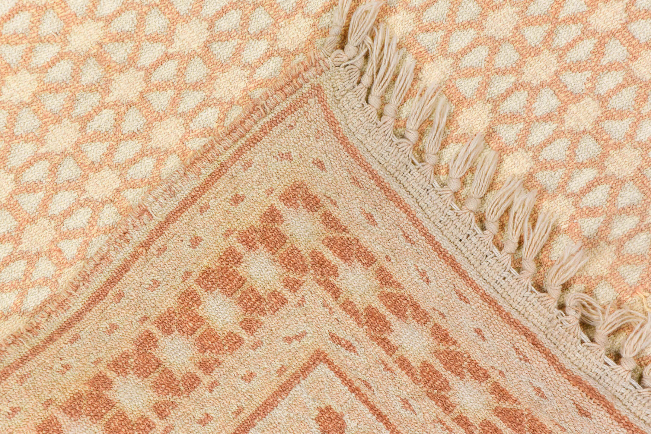 3' x 6' one-of-a-kind handmade vintage Dhurrie small size rug. Color palette: ivory, peach, cream, blush, sand, terracotta
