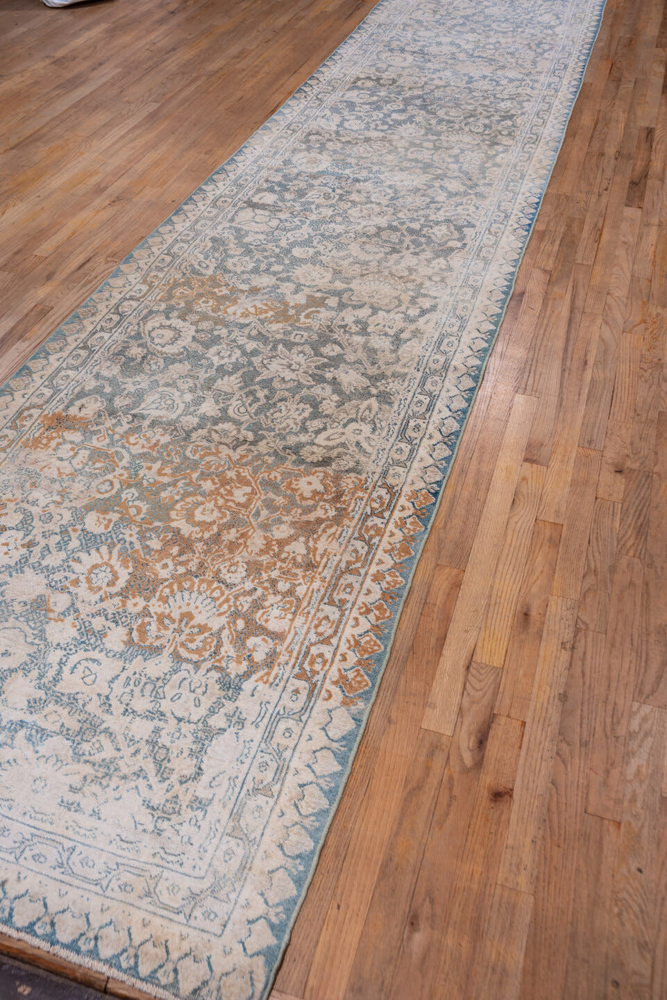3' x 19' one-of-a-kind handmade antique Cotton Agra runner rug. Color palette: ivory, pale blue, taupe, rust, beige, slate