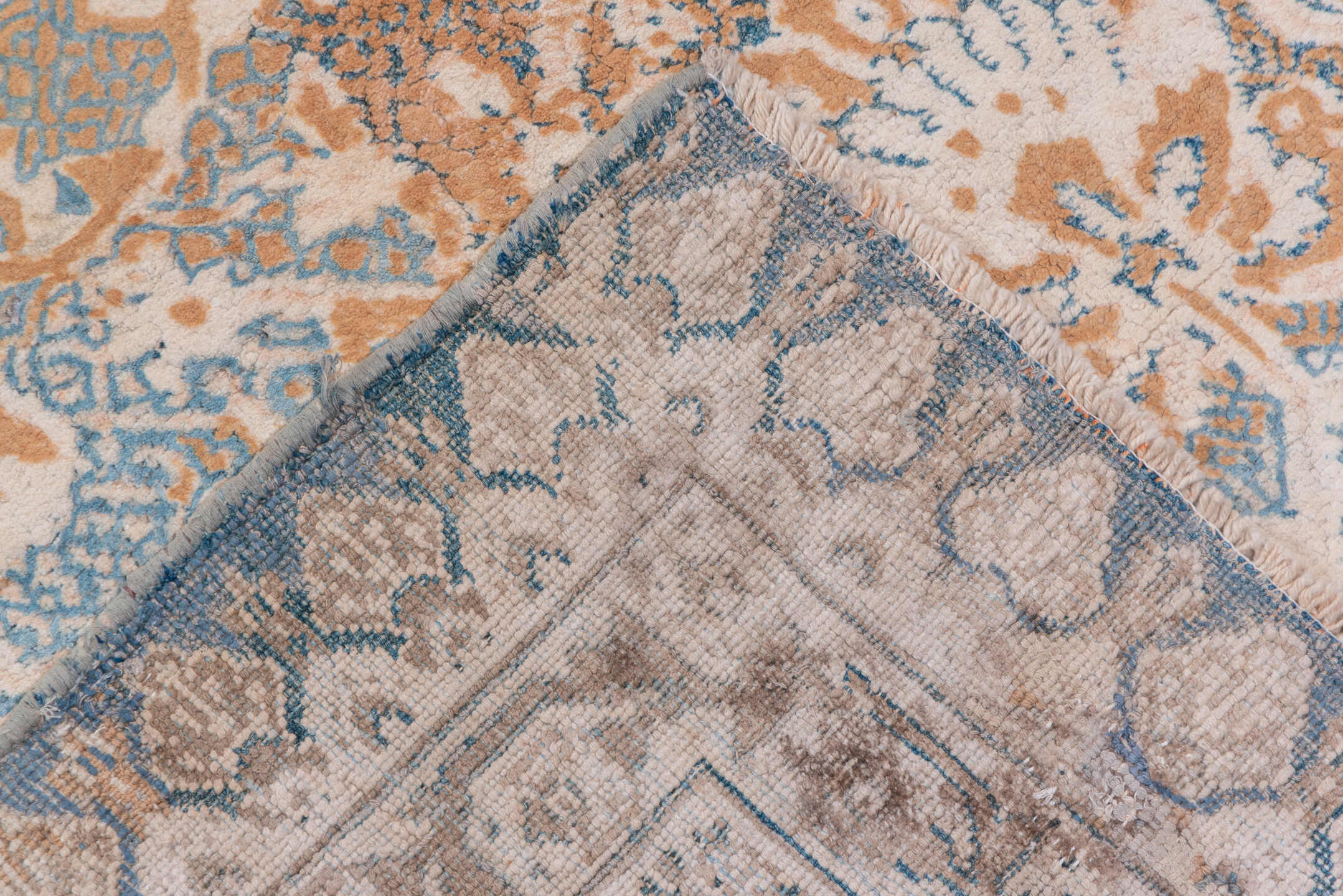 3' x 19' one-of-a-kind handmade antique Cotton Agra runner rug. Color palette: ivory, pale blue, taupe, rust, beige, slate