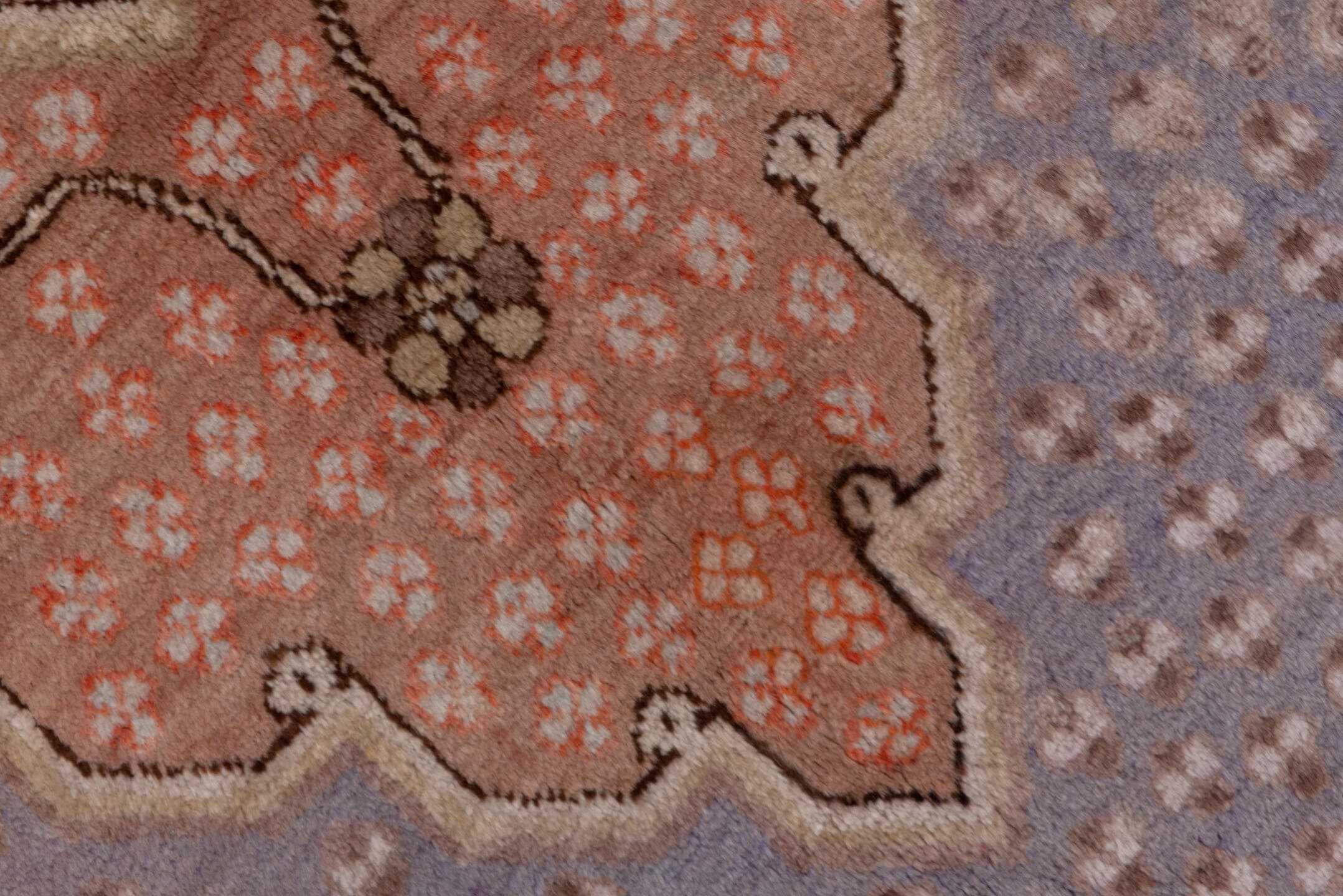 5' x 10' one-of-a-kind handmade vintage Khotan medium size rug. Color palette: rose, taupe, lavender, terra cotta, ivory