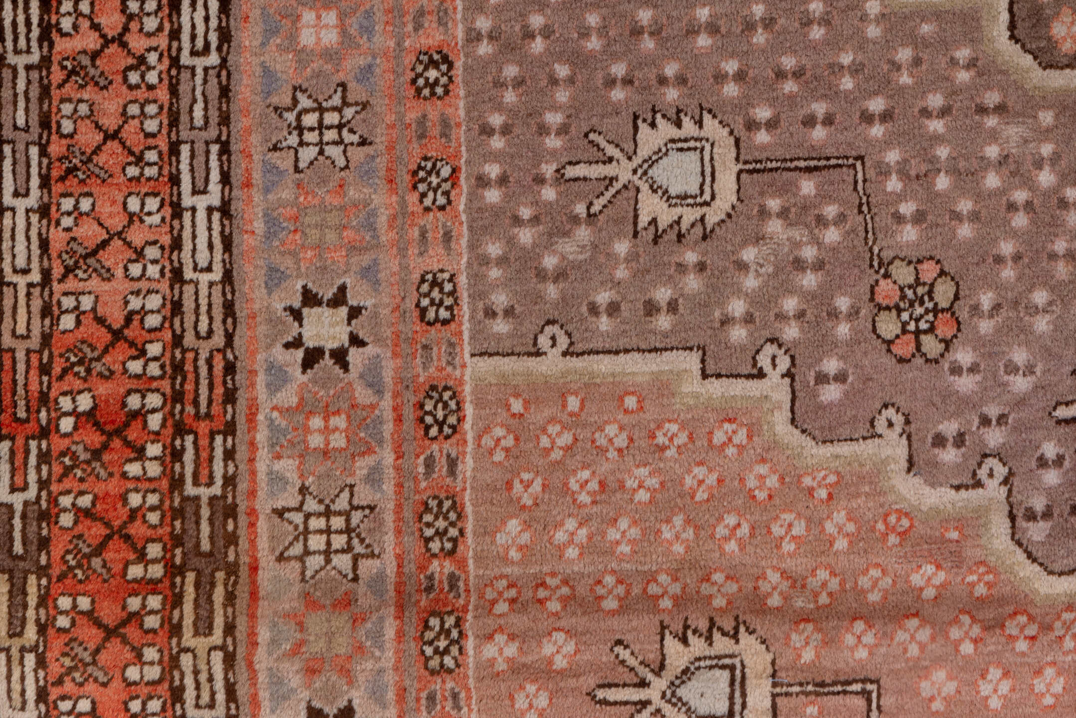 5' x 10' one-of-a-kind handmade vintage Khotan medium size rug. Color palette: brown, gray, light gray, pink, redwood