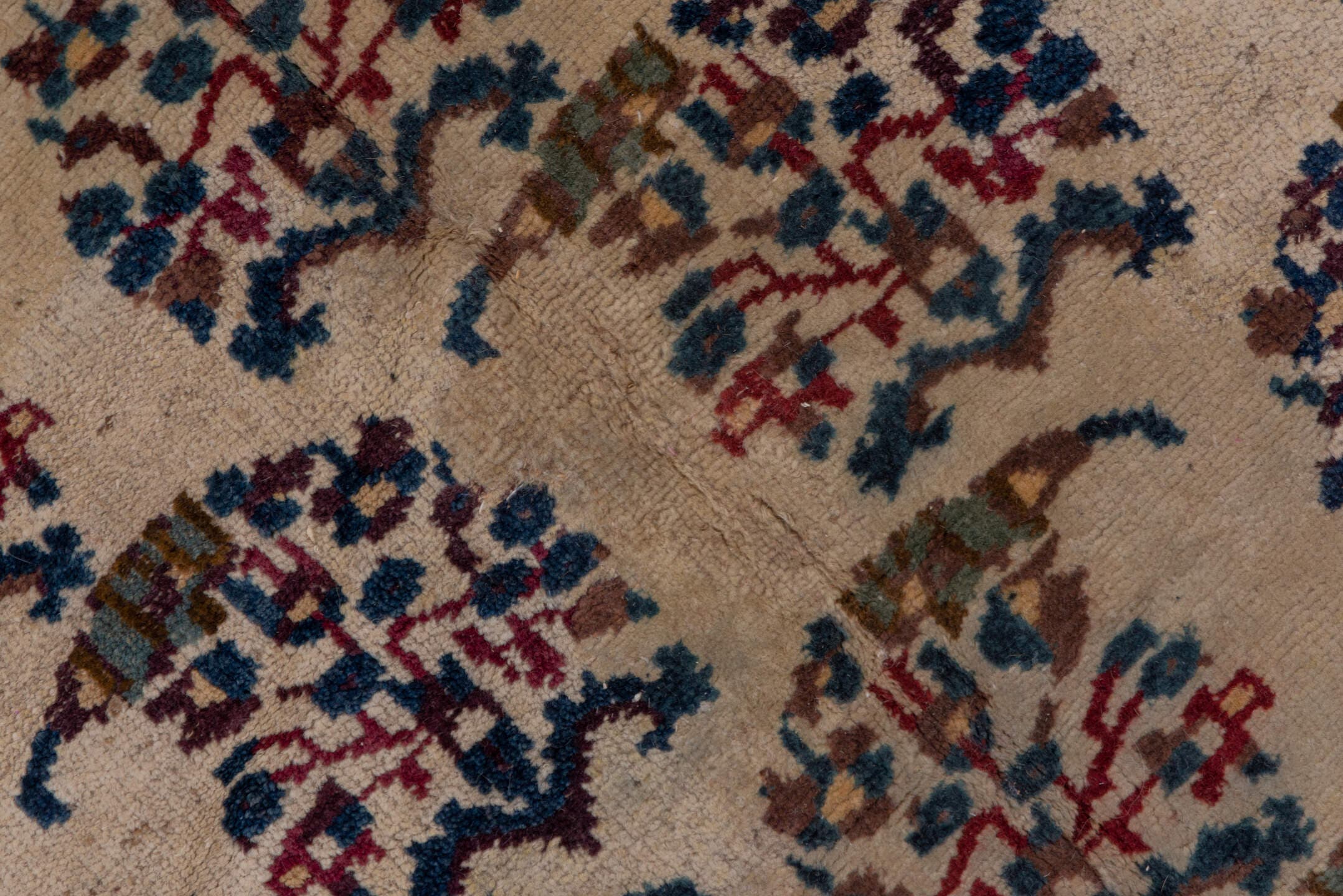9' x 24' one-of-a-kind handmade vintage Amritzar rug. Color palette: ivory, brown, navy, taupe, rust, gold, blue, beige