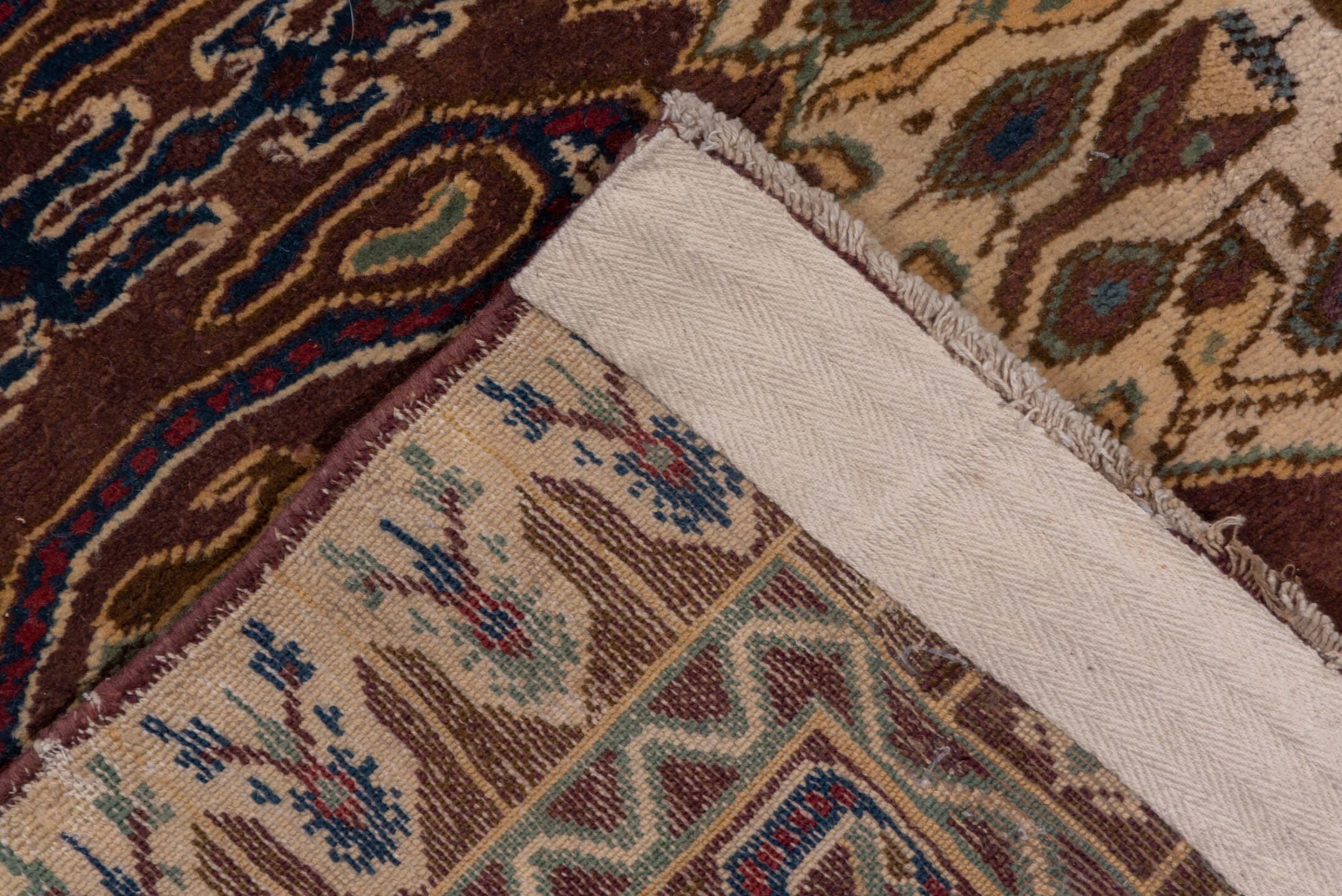 9' x 24' one-of-a-kind handmade vintage Amritzar rug. Color palette: ivory, brown, navy, taupe, rust, gold, blue, beige