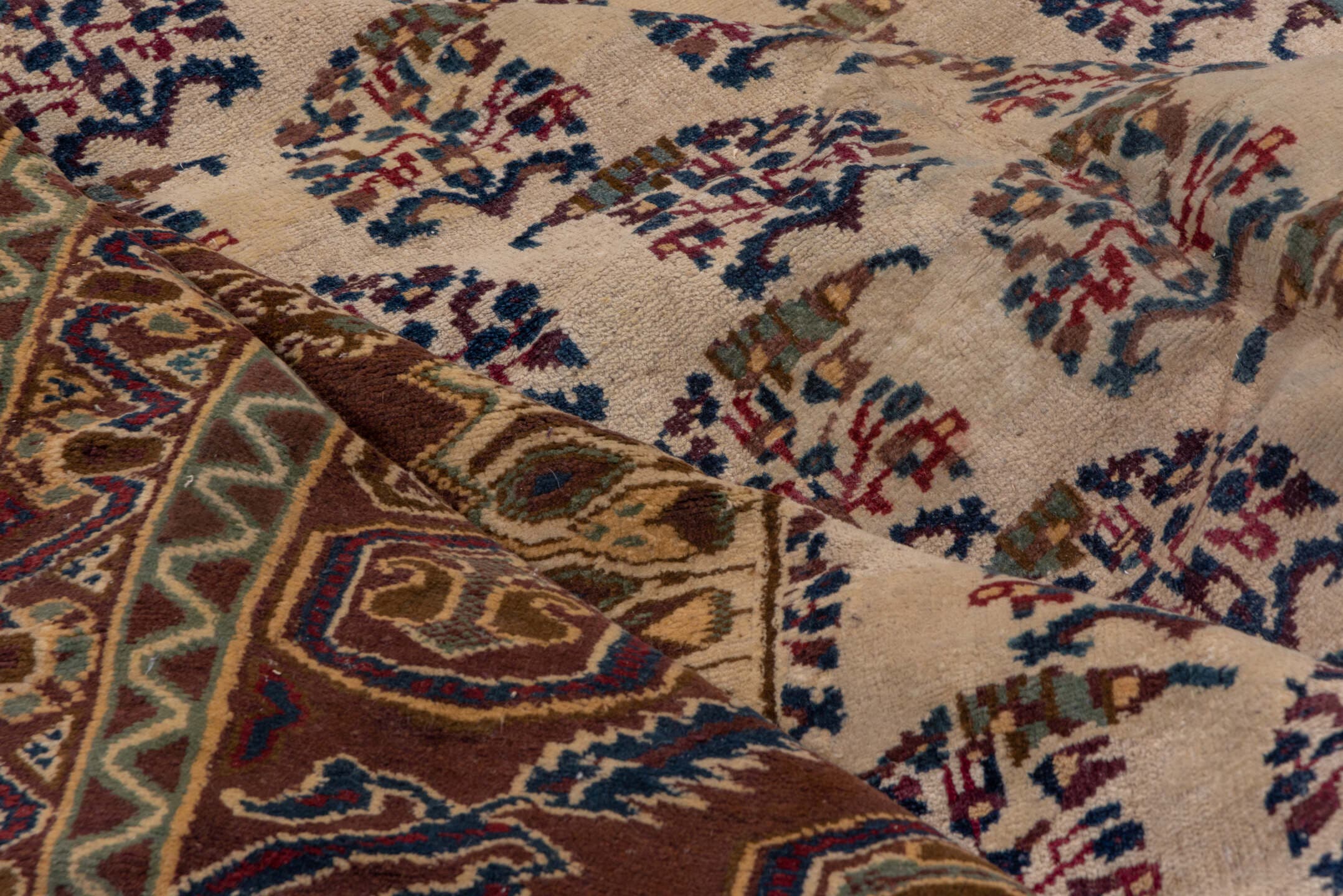9' x 24' one-of-a-kind handmade vintage Amritzar rug. Color palette: ivory, brown, navy, taupe, rust, gold, blue, beige