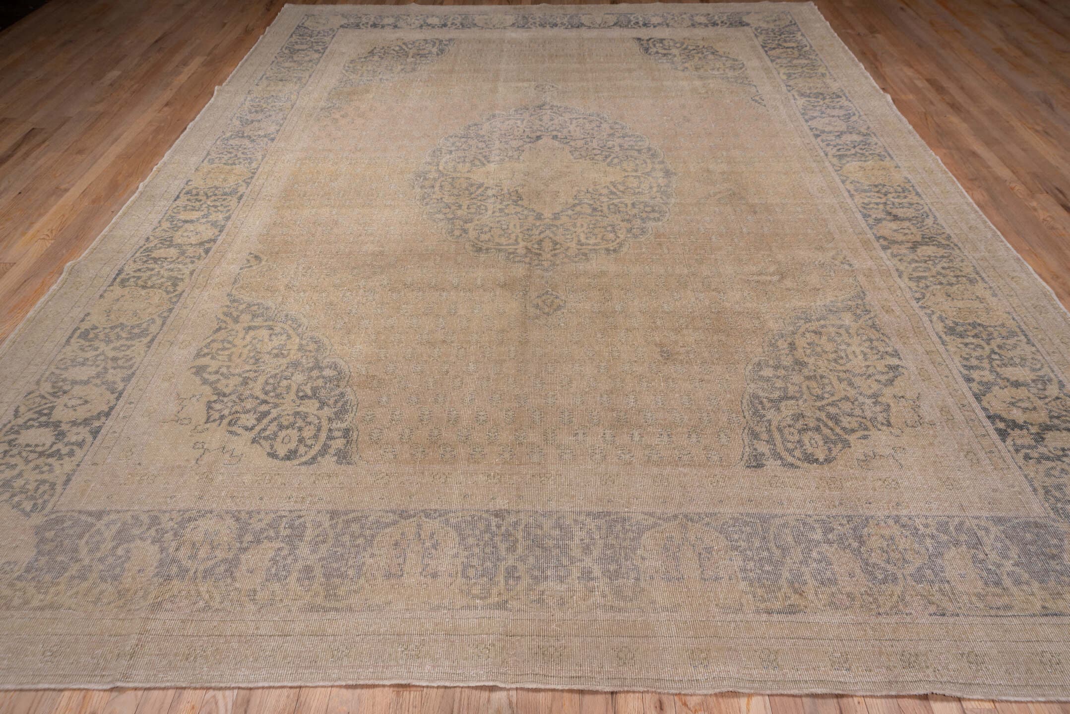 10' x 13' one-of-a-kind handmade antique Oushak large size rug. Color palette: beige, blush, taupe, slate, ivory, camel
