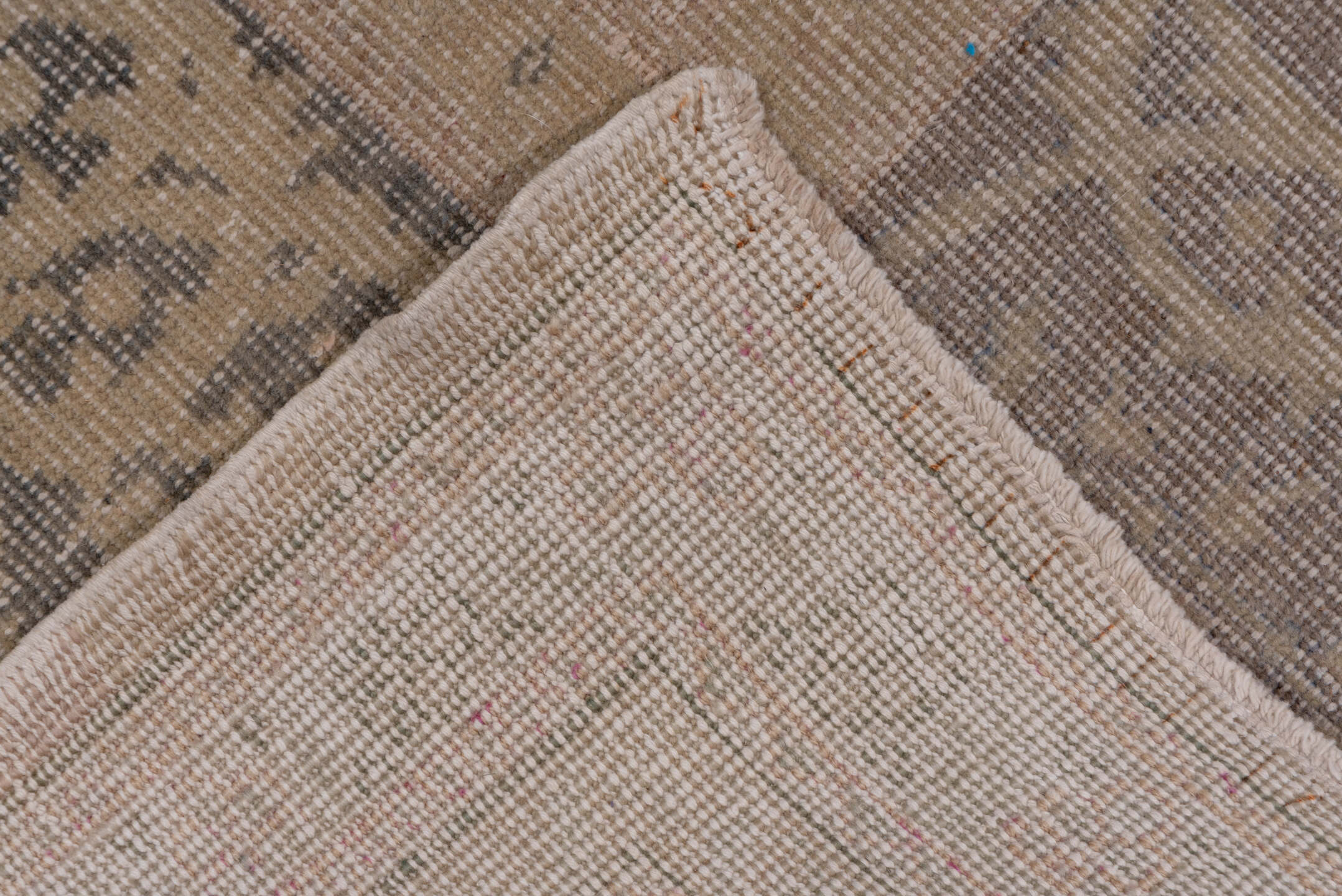 10' x 13' one-of-a-kind handmade antique Oushak large size rug. Color palette: beige, blush, taupe, slate, ivory, camel