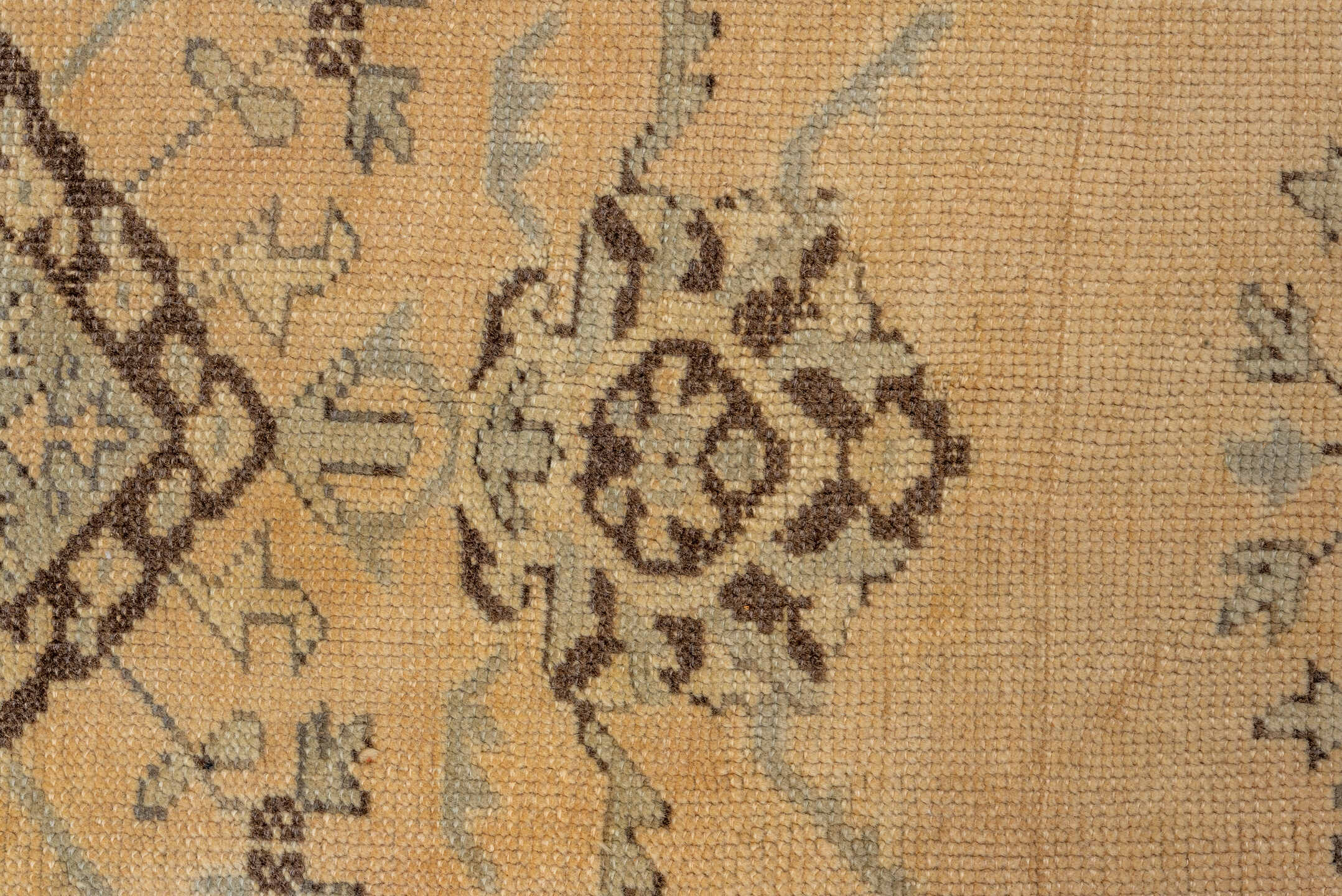 6' x 9' one-of-a-kind handmade vintage Oushak medium size rug. Color palette: ivory, pale blue, brown, taupe, cream