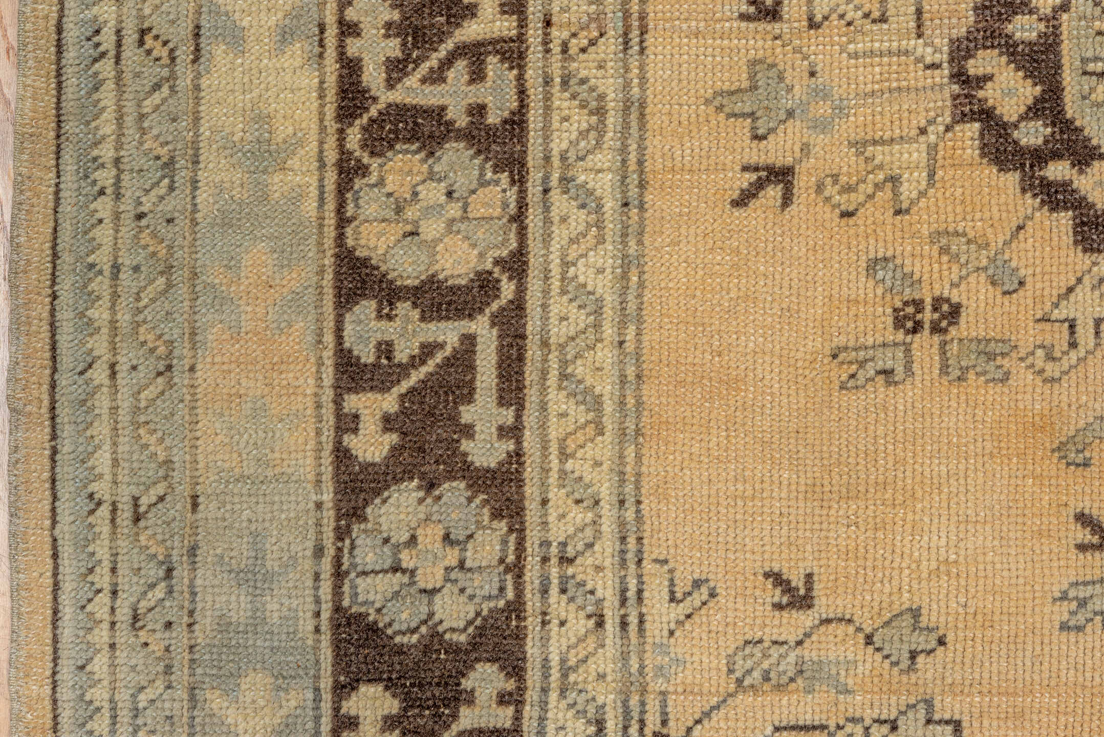 6' x 9' one-of-a-kind handmade vintage Oushak medium size rug. Color palette: ivory, pale blue, brown, taupe, cream