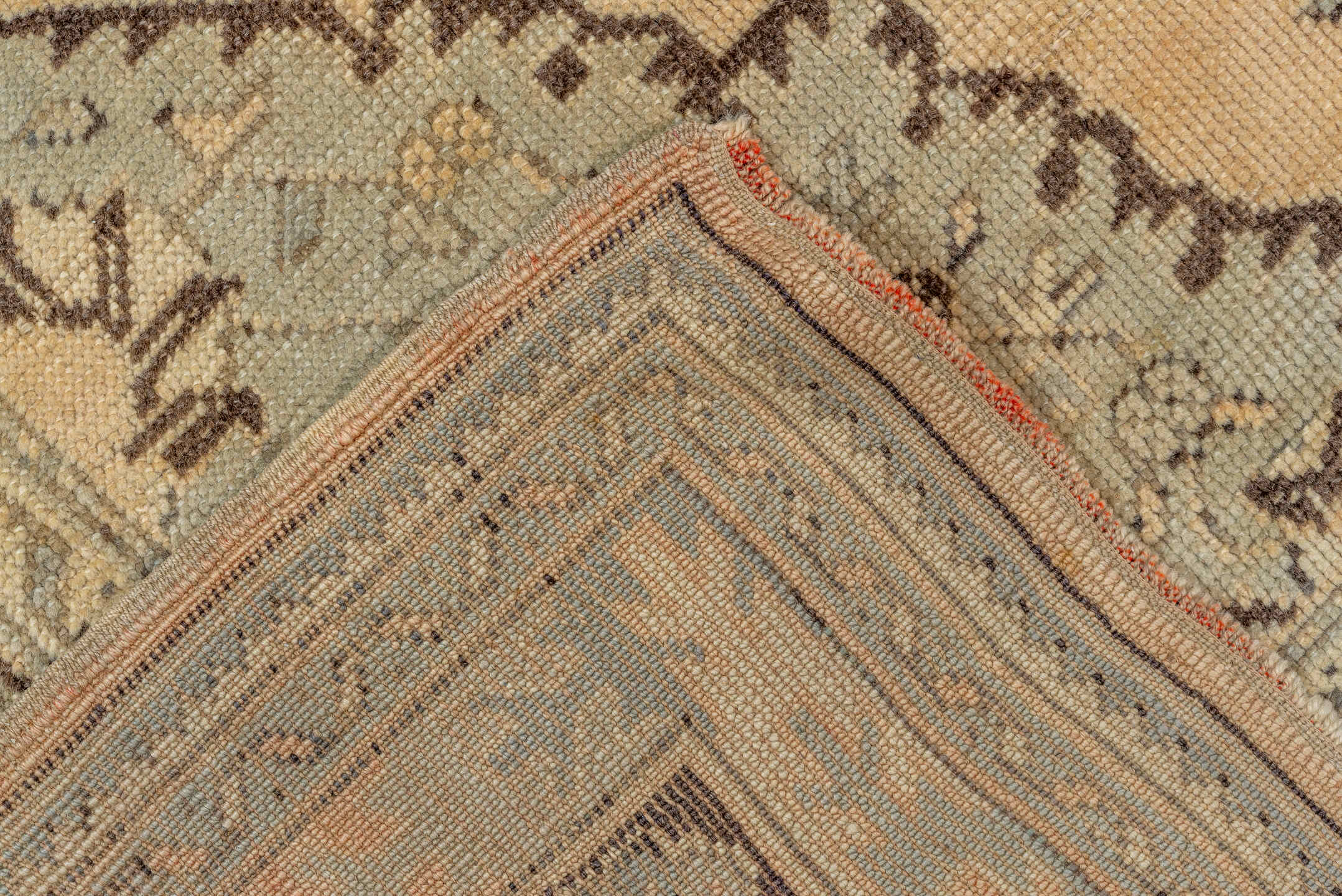 6' x 9' one-of-a-kind handmade vintage Oushak medium size rug. Color palette: ivory, pale blue, brown, taupe, cream