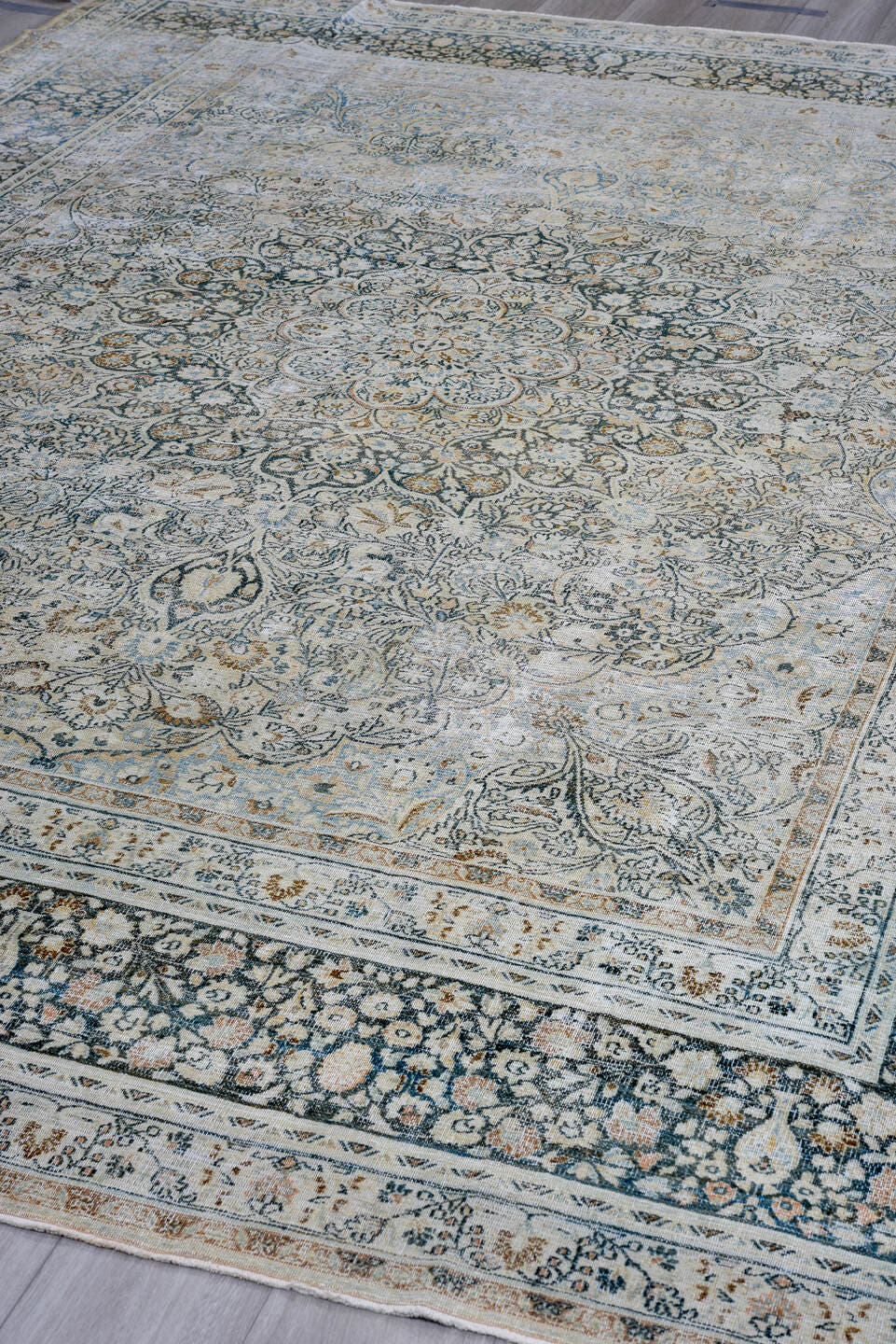 8' x 11' one-of-a-kind handmade antique Meshed large size rug. Color palette: ivory, pale blue, navy, beige, taupe, slate
