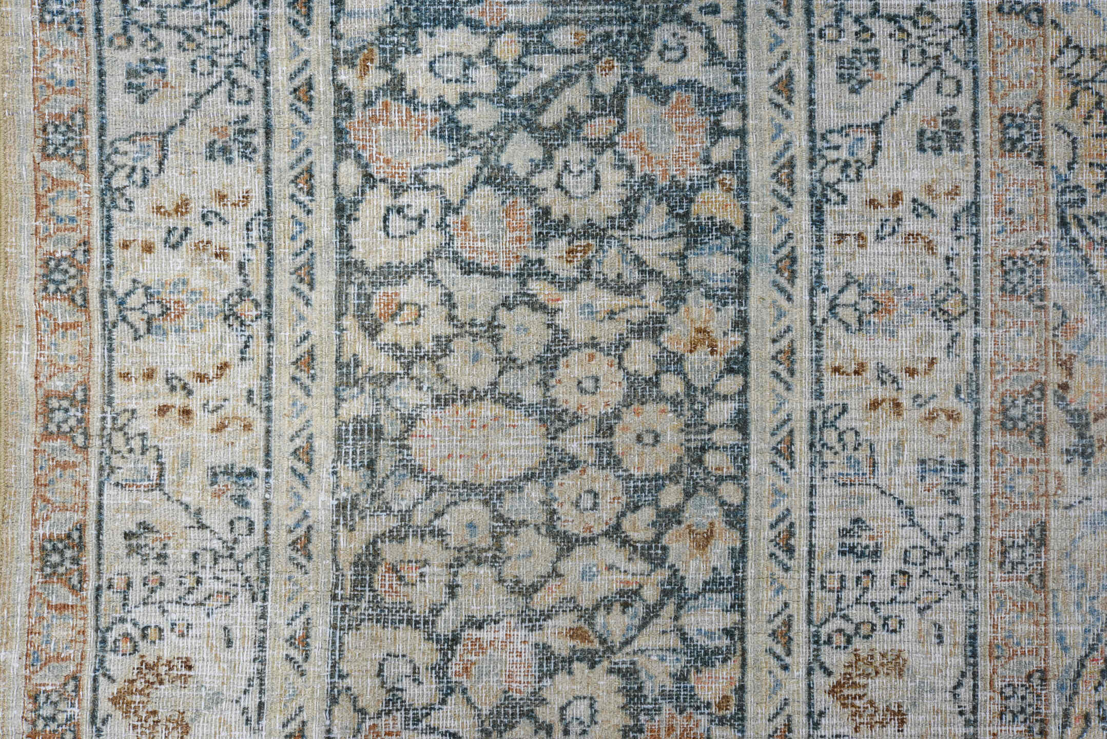 8' x 11' one-of-a-kind handmade antique Meshed large size rug. Color palette: ivory, pale blue, navy, beige, taupe, slate