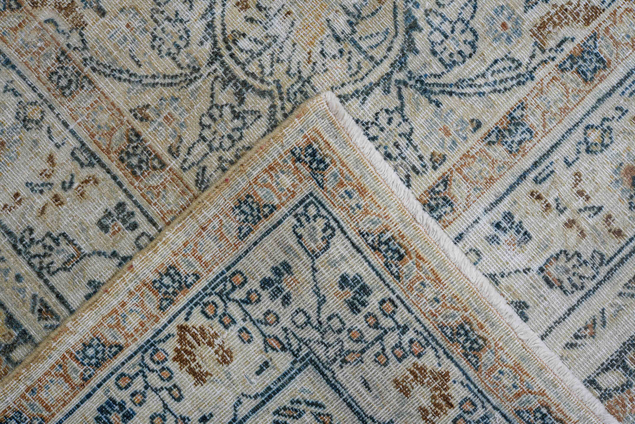8' x 11' one-of-a-kind handmade antique Meshed large size rug. Color palette: ivory, pale blue, navy, beige, taupe, slate