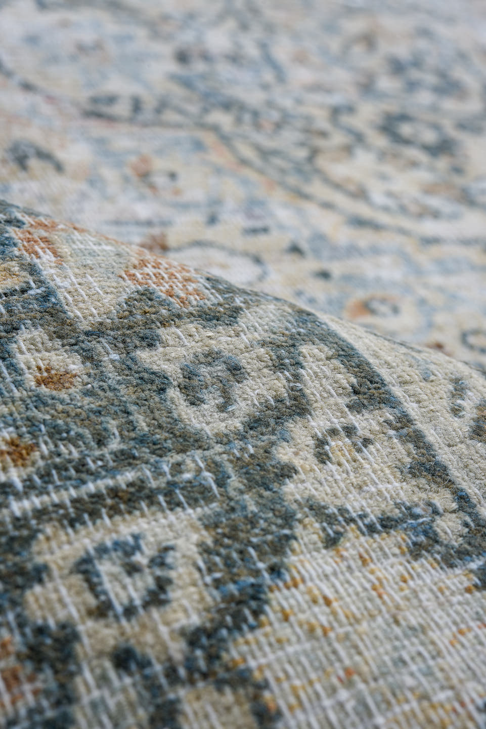 8' x 11' one-of-a-kind handmade antique Meshed large size rug. Color palette: ivory, pale blue, navy, beige, taupe, slate