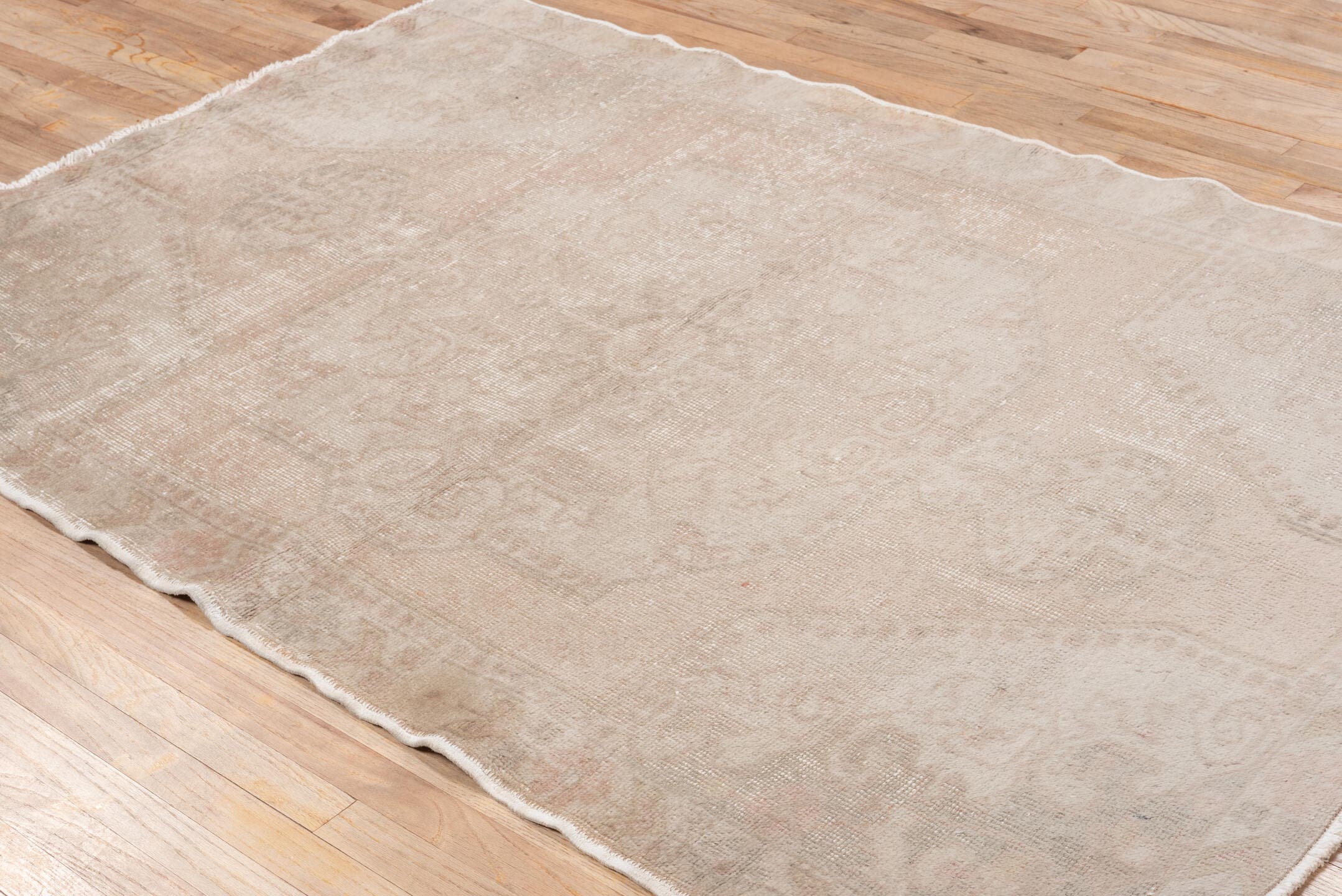 4' x 7' one-of-a-kind handmade vintage Oushak rug. Color palette: blush, taupe, ivory, beige, rose, camel, sage, pink, gray