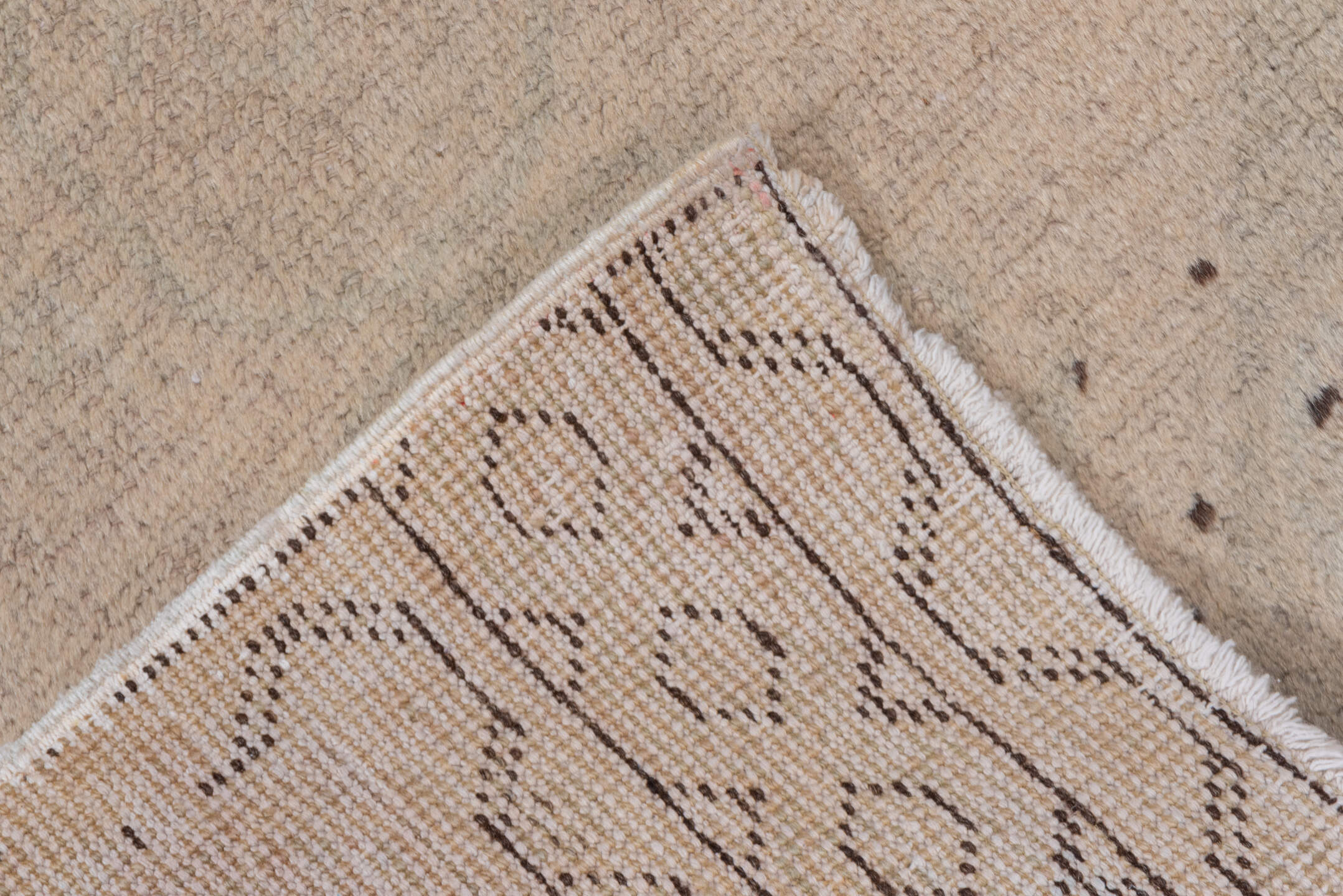 2' x 10' one-of-a-kind handmade vintage Oushak runner rug. Color palette: brown, gray, light gray, off-white, pink, snow