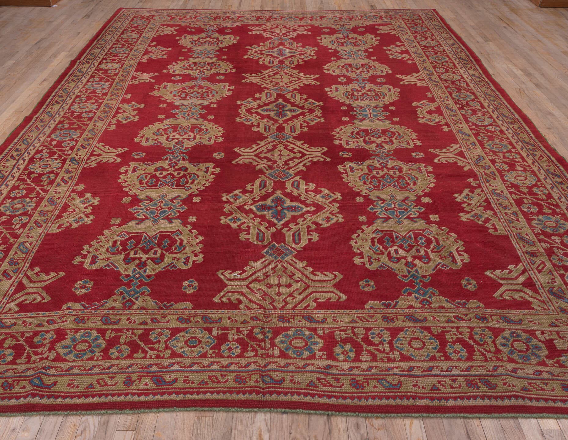 10' x 14' one-of-a-kind handmade antique Oushak large size rug. Color palette: red, ivory, blue, rose, coral, tan, pink