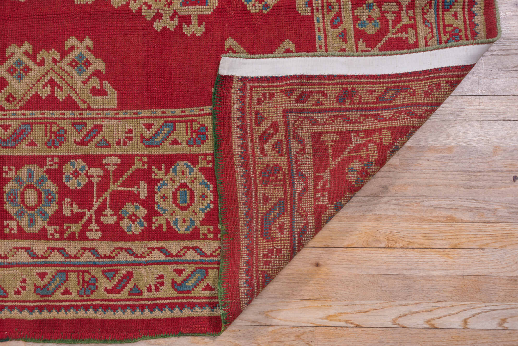 10' x 14' one-of-a-kind handmade antique Oushak large size rug. Color palette: red, ivory, blue, rose, coral, tan, pink