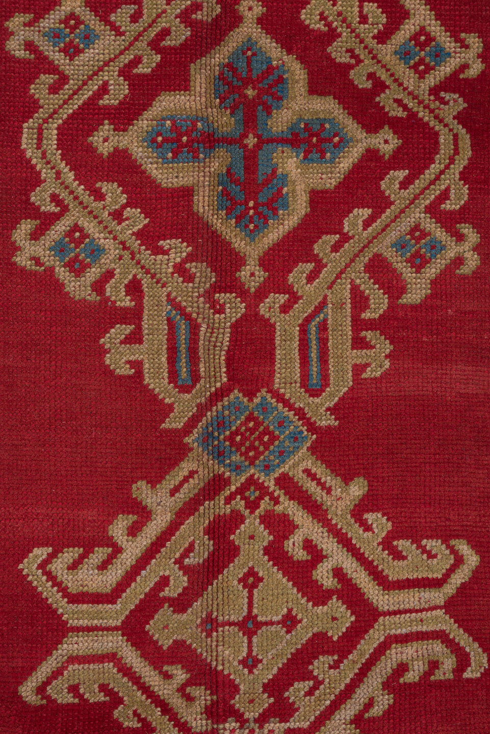 10' x 14' one-of-a-kind handmade antique Oushak large size rug. Color palette: red, ivory, blue, rose, coral, tan, pink