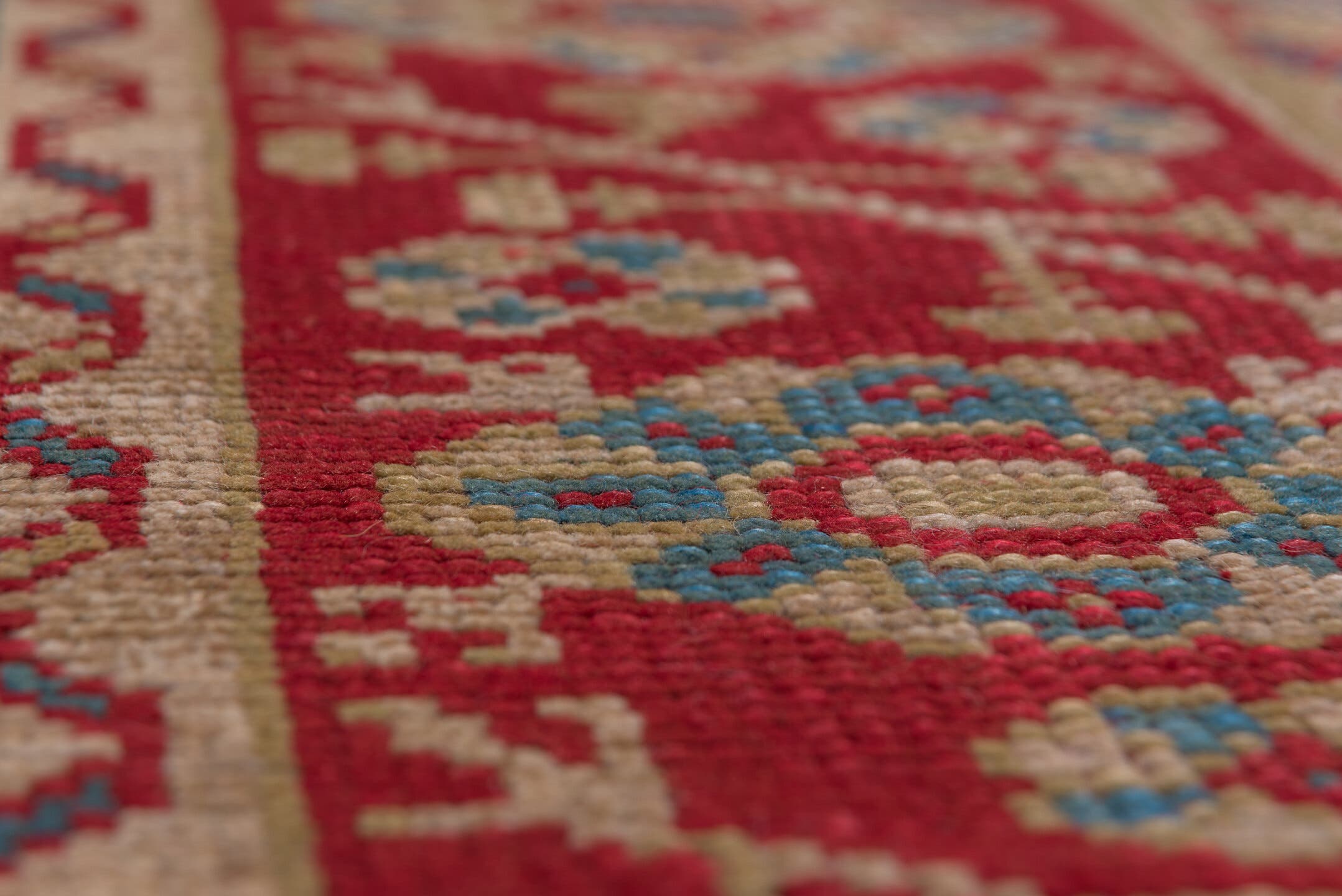 10' x 14' one-of-a-kind handmade antique Oushak large size rug. Color palette: red, ivory, blue, rose, coral, tan, pink