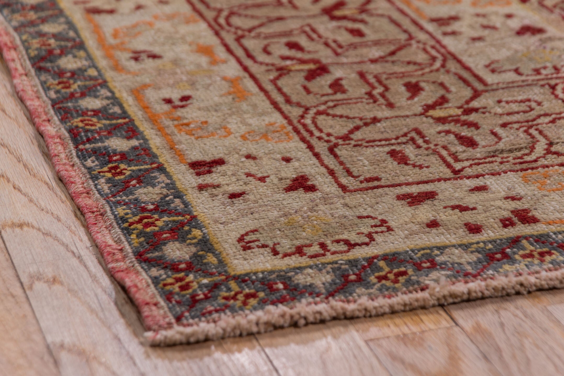 9' x 13' one-of-a-kind handmade vintage Oushak large size rug. Color palette: brown, gray, orange, pink, red