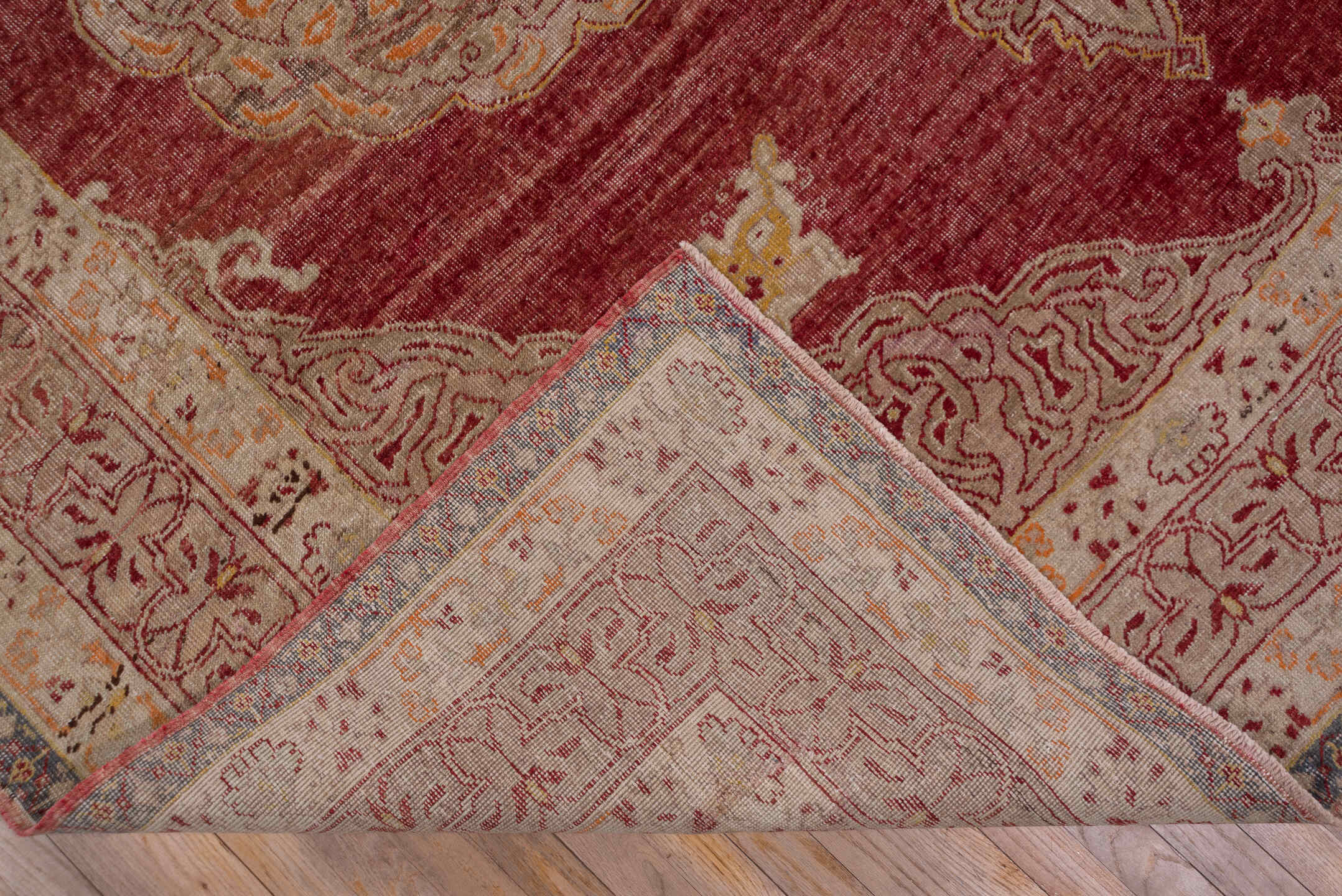9' x 13' one-of-a-kind handmade vintage Oushak large size rug. Color palette: rose, ivory, peach, gold, rust, slate, pink