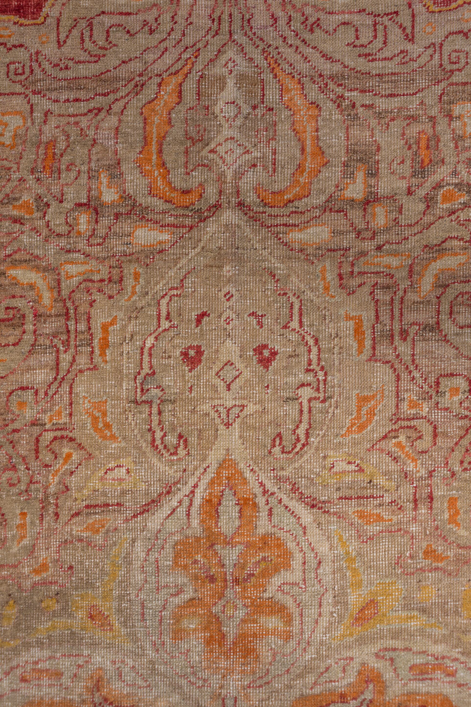 9' x 13' one-of-a-kind handmade vintage Oushak large size rug. Color palette: brown, gray, orange, pink, red
