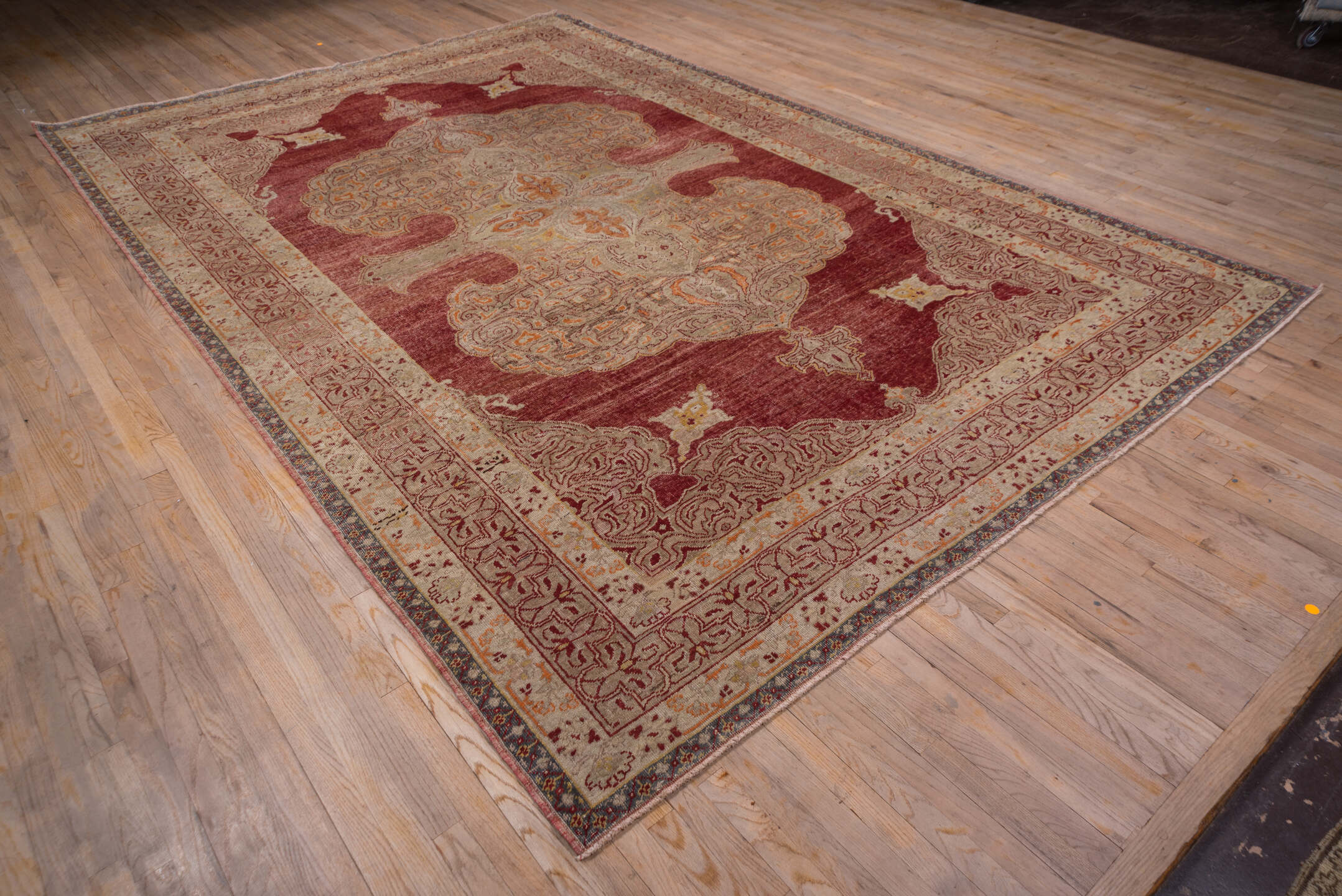 9' x 13' one-of-a-kind handmade vintage Oushak large size rug. Color palette: brown, gray, orange, pink, red