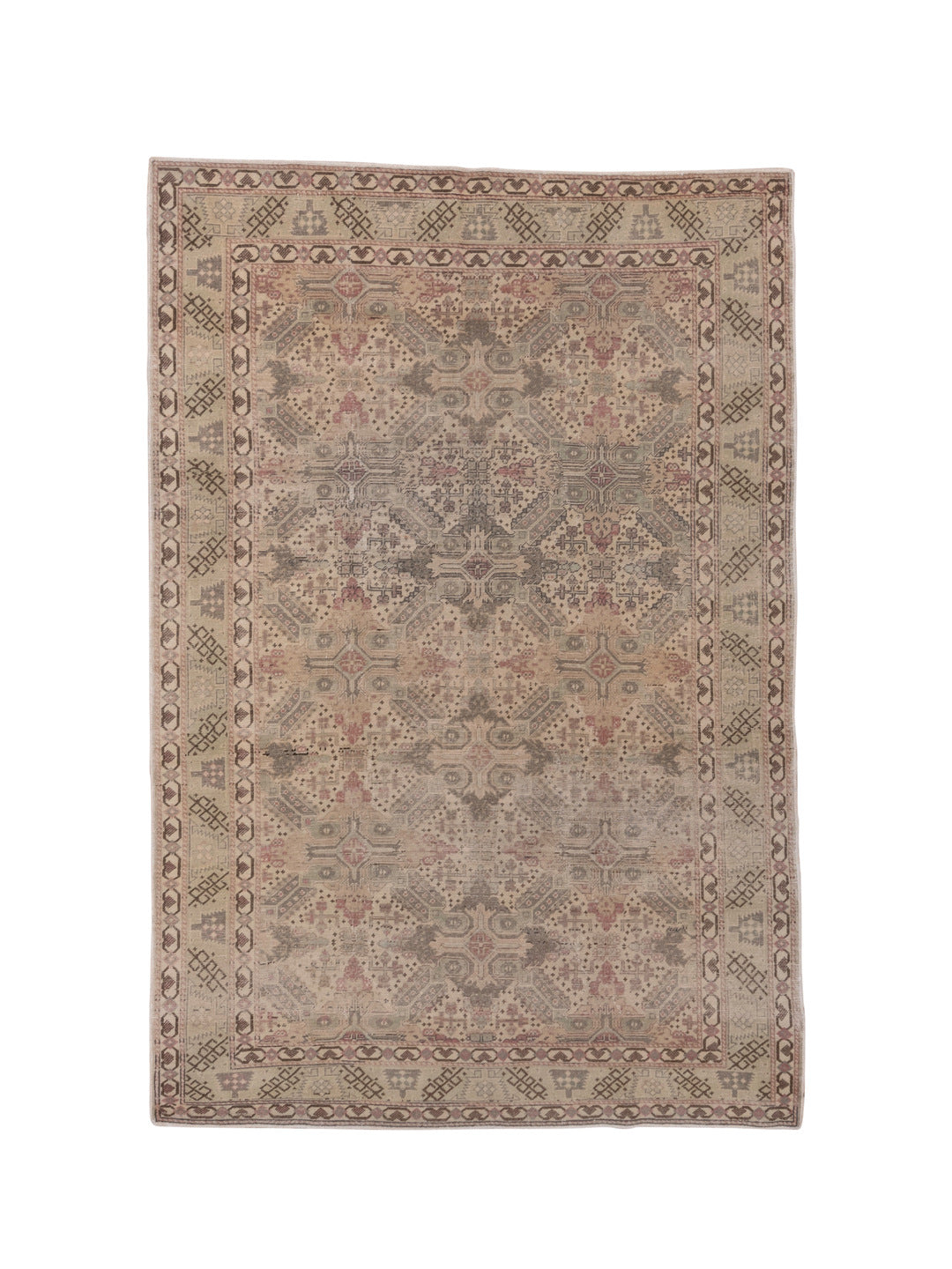 4' x 7' one-of-a-kind handmade vintage Kaisary rug. Color palette: brown, gray, pink